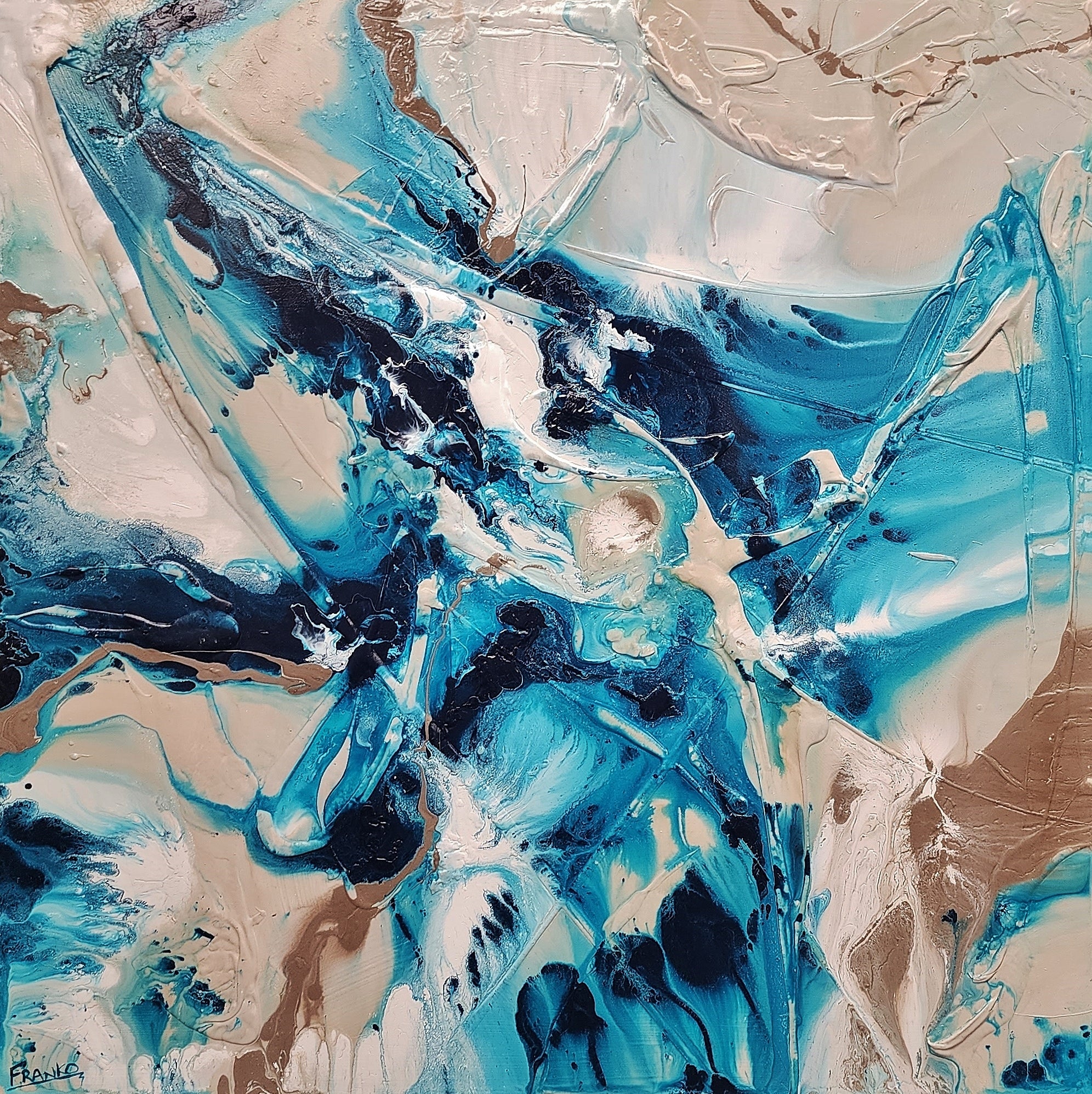 Southern Sugar 120cm x 120cm Turquoise Cream White Textured Abstract Painting (SOLD)-Abstract-[Franko_Artist]-[Australian_artist]-[Gold_Coast]-[Brisbane]-[modern]-[contemporary]-[original]-[Large_artwork]-Franklin Art Studio