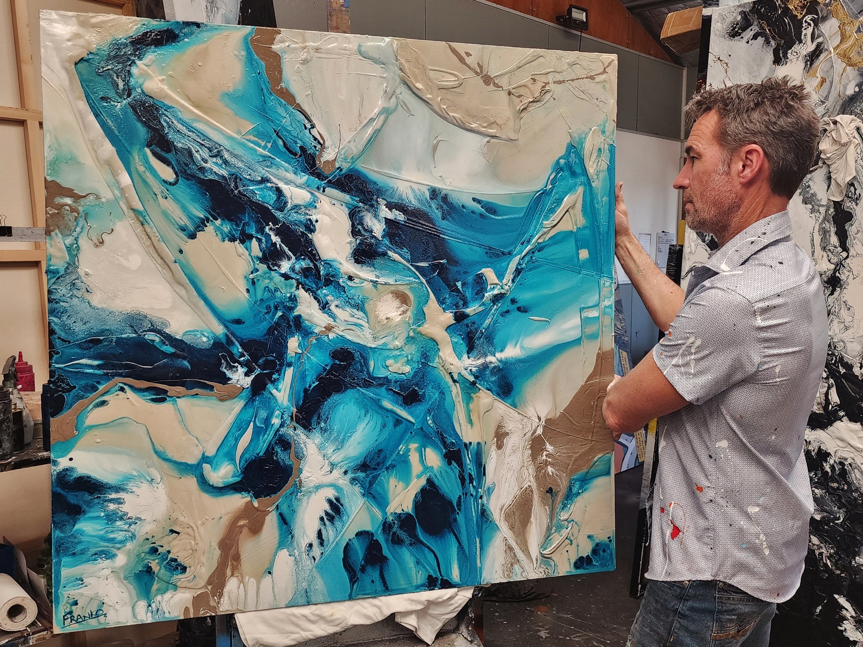 Southern Sugar 120cm x 120cm Turquoise Cream White Textured Abstract Painting (SOLD)-Abstract-[Franko_Artist]-[The_Block]-[Dream_Homes]-[ideas]- [Grand_Designs]-Franklin Art Studio