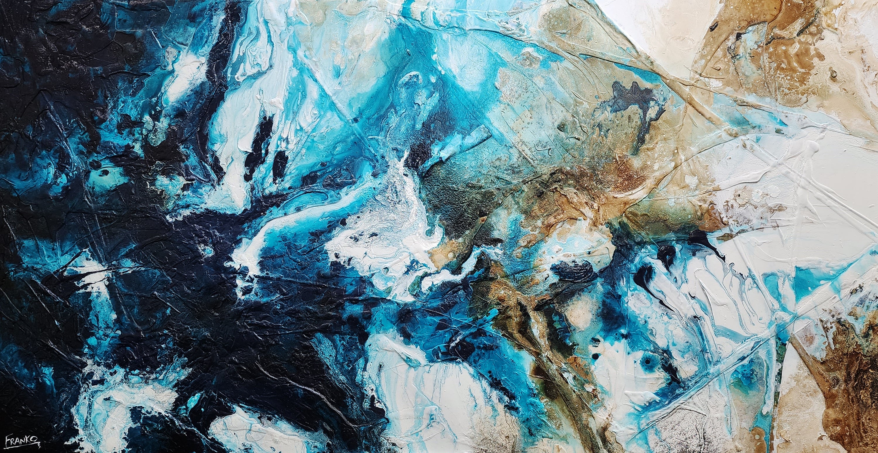 Southern Honey 190cm x 100cm Black Teal White Textured Abstract Painting (SOLD)-Abstract-[Franko_Artist]-[Australian_artist]-[Gold_Coast]-[Brisbane]-[modern]-[contemporary]-[original]-[Large_artwork]-Franklin Art Studio