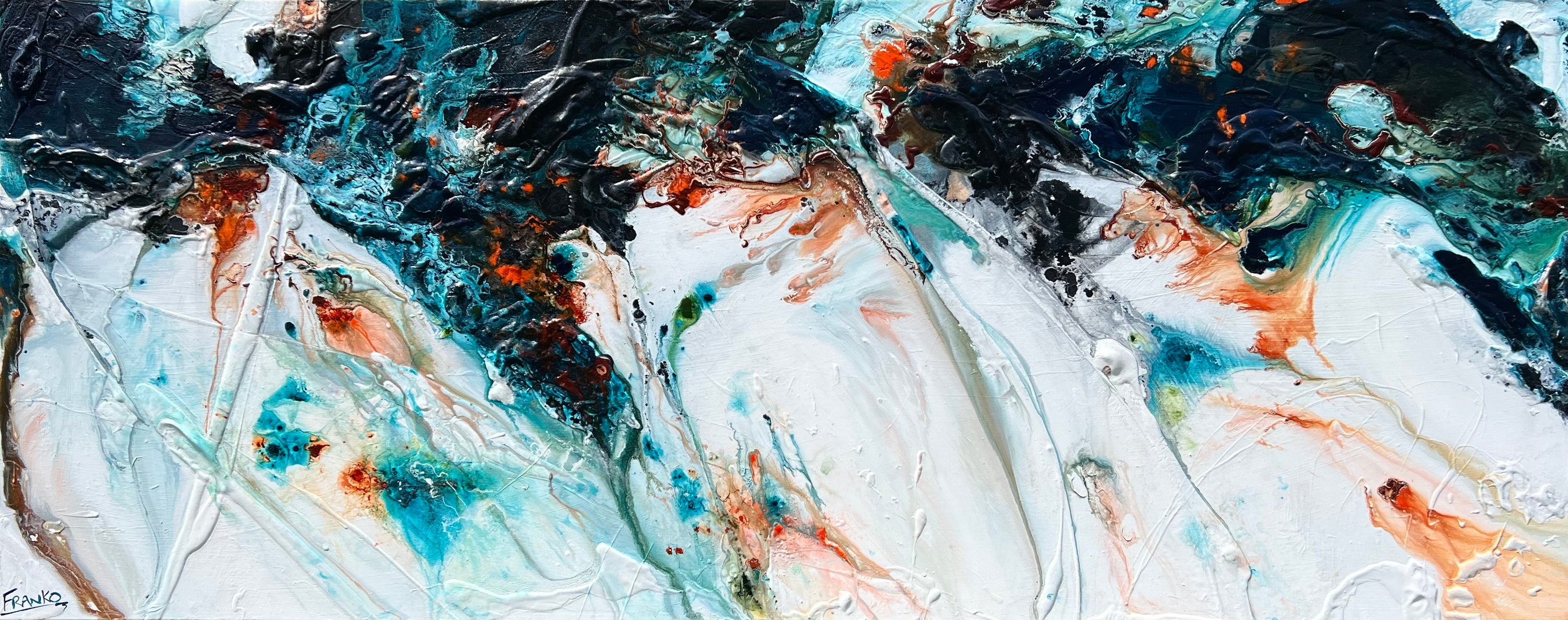 Reefed 200cm x 80cm Blue Teal Ochre Textured Abstract Painting (SOLD)-Abstract-[Franko_Artist]-[Australian_artist]-[Gold_Coast]-[Brisbane]-[modern]-[contemporary]-[original]-[Large_artwork]-Franklin Art Studio