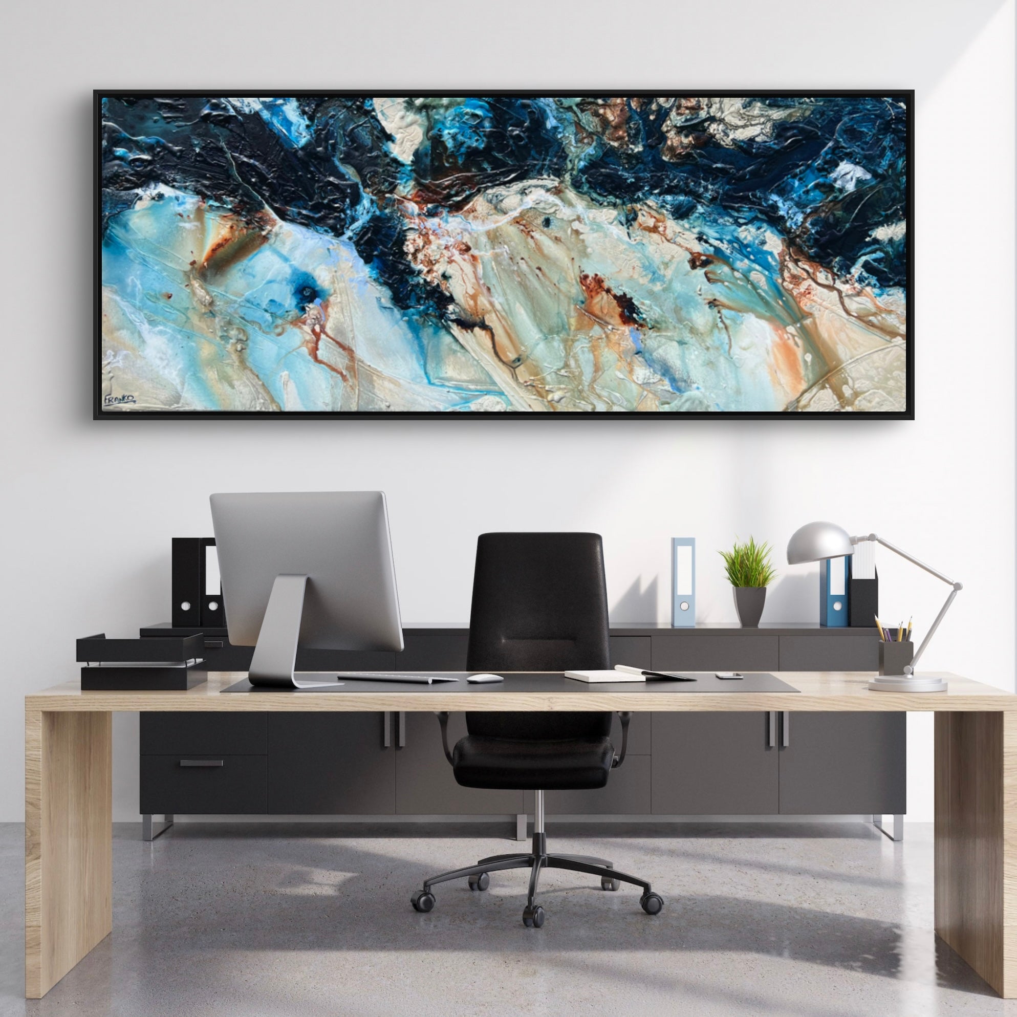 After Midnight 200cm x 80cm Blue Ochre Textured Abstract Painting (SOLD)-Abstract-[Franko_Artist]-[The_Block]-[Dream_Homes]-[ideas]-[Grand_Designs]-[Art_Lover]-Franklin Art Studio