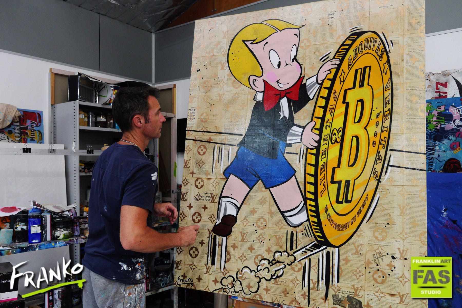A Rolling Investment 120cm x 150cm Richie Rich Bitcoin (SOLD)-bitcoin themed-[Franko_Artist]-[The_Block]-[Dream_Homes]-[ideas]- [Grand_Designs]-Franklin Art Studio