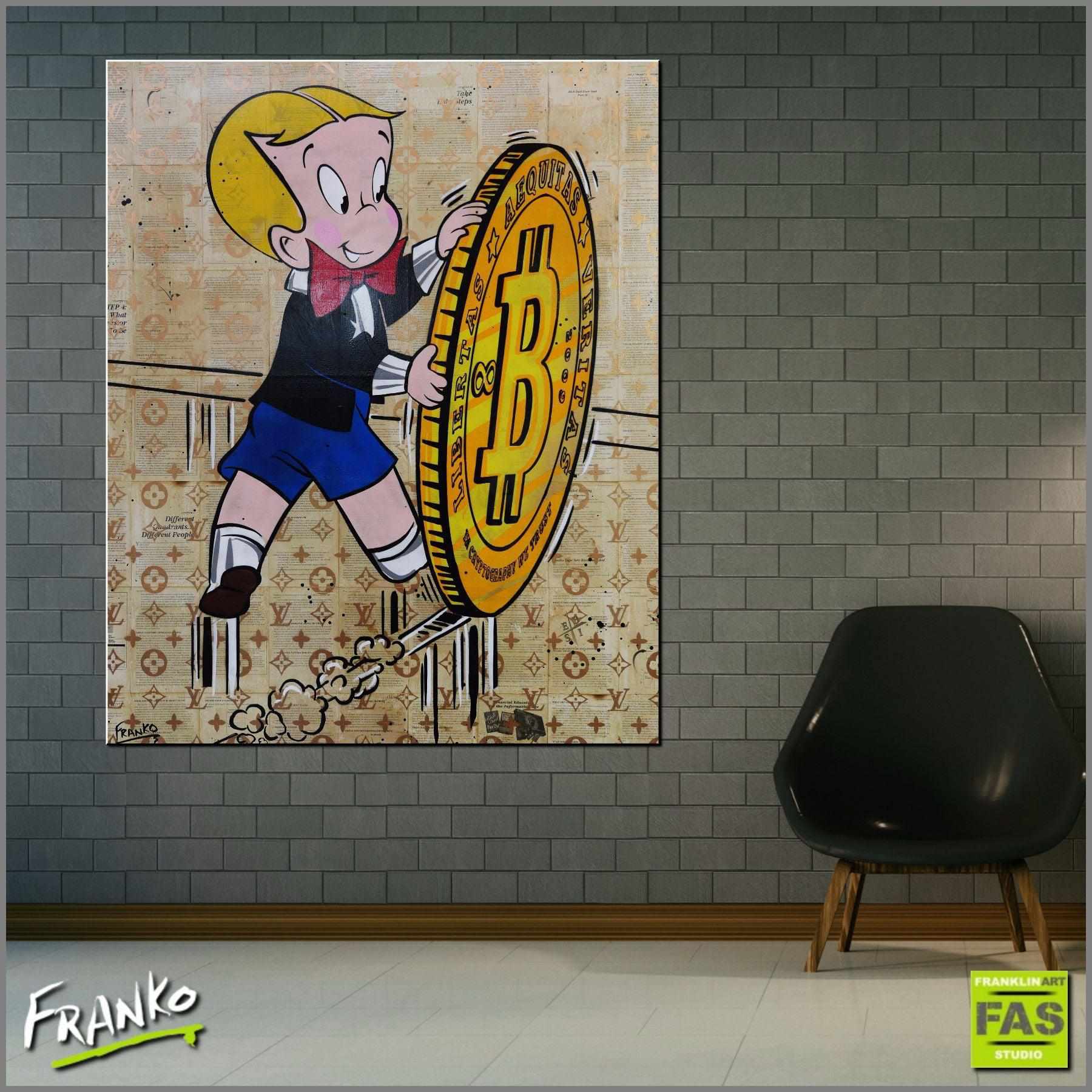 A Rolling Investment 120cm x 150cm Richie Rich Bitcoin (SOLD)-bitcoin themed-[Franko_Artist]-[Australian_artist]-[Gold_Coast]-[Brisbane]-[modern]-[contemporary]-[original]-[Large_artwork]-[The_Block]-[Dream_Homes]-[ideas]-[Grand_Designs]-[Art_Lover]-Franklin Art Studio
