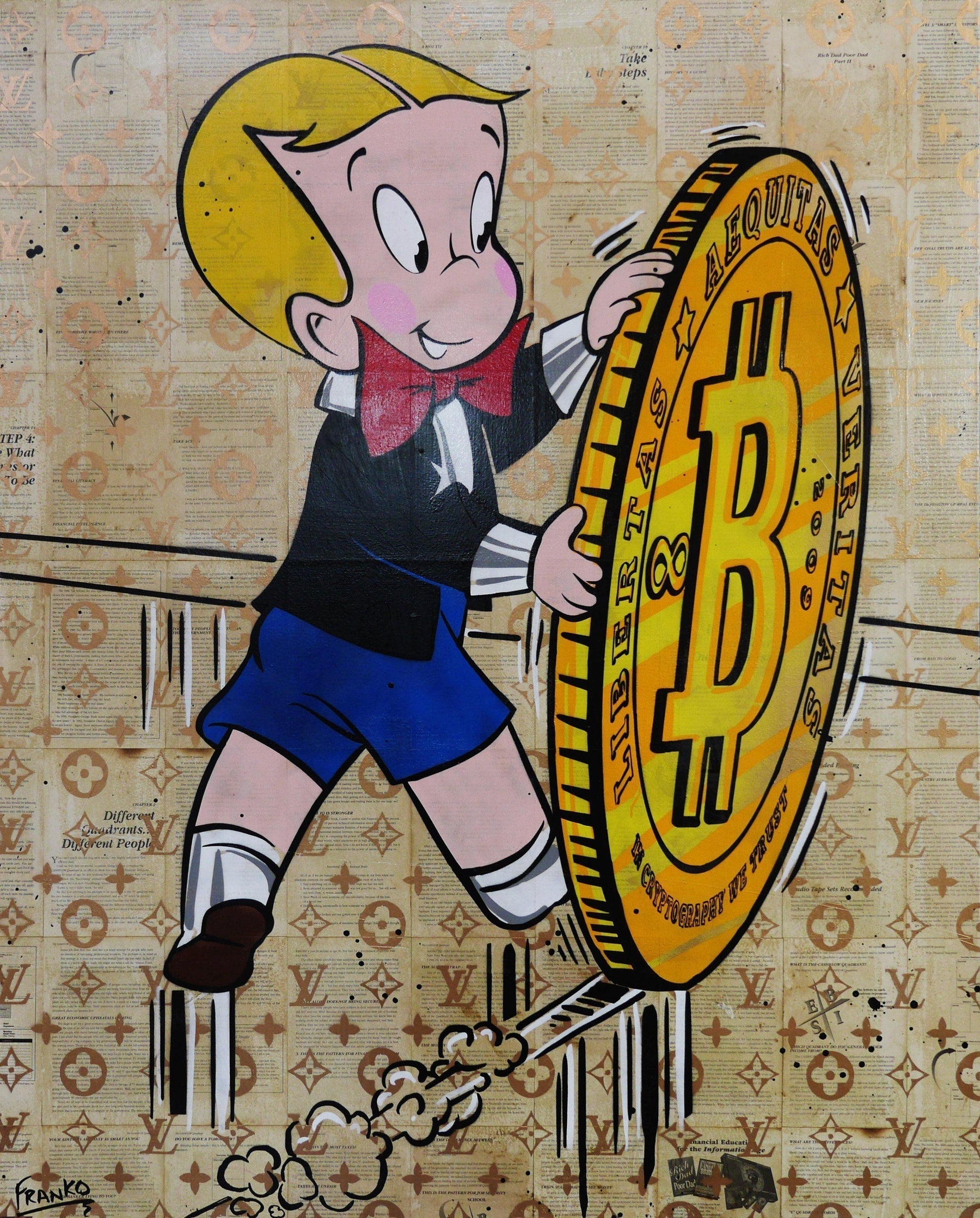 A Rolling Investment 120cm x 150cm Richie Rich Bitcoin (SOLD)-bitcoin themed-[Franko_Artist]-[Australian_artist]-[Gold_Coast]-[Brisbane]-[modern]-[contemporary]-[original]-[Large_artwork]-Franklin Art Studio
