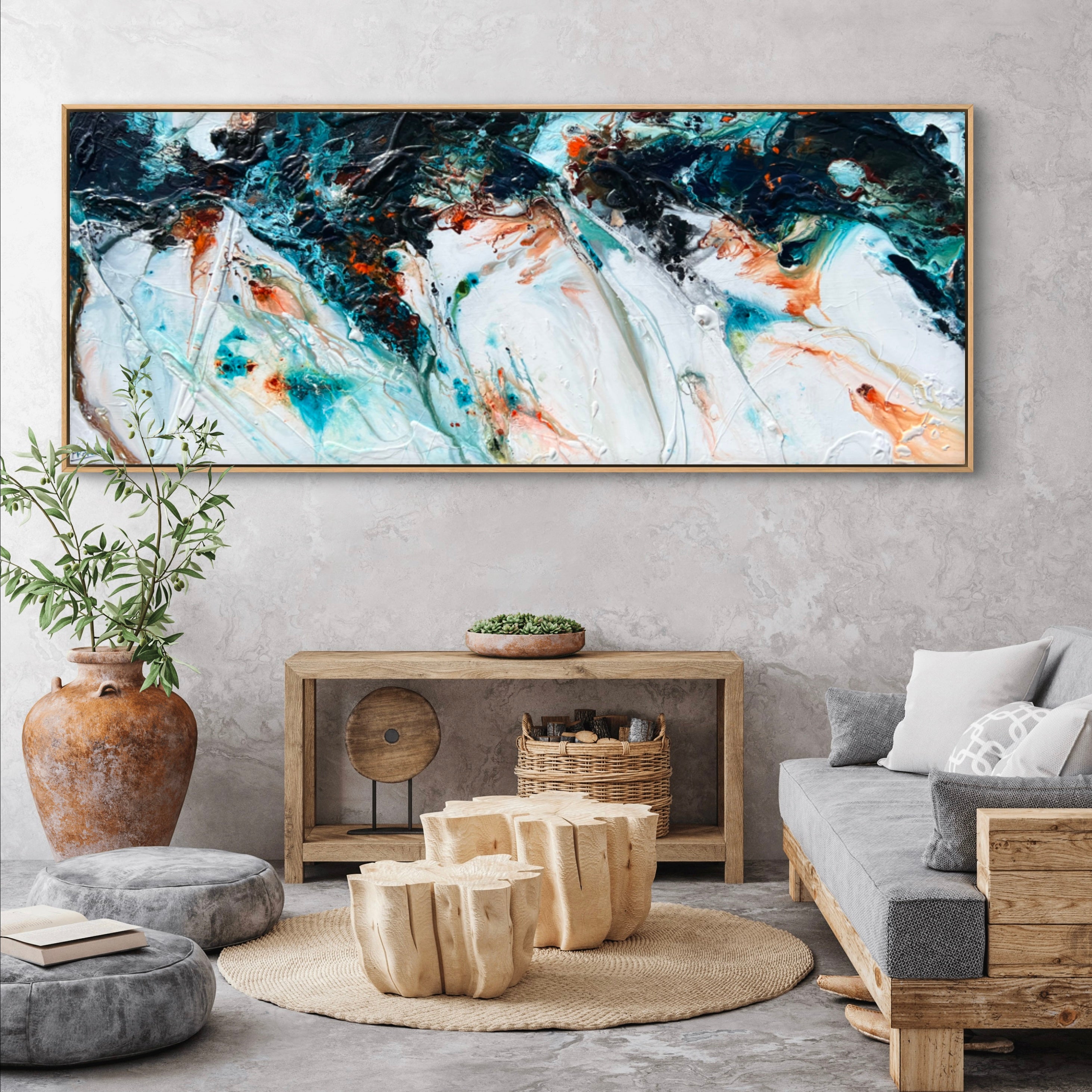 Reefed 200cm x 80cm Blue Teal Ochre Textured Abstract Painting (SOLD)-Abstract-[Franko_Artist]-[The_Block]-[Dream_Homes]-[ideas]-[Grand_Designs]-[Art_Lover]-Franklin Art Studio