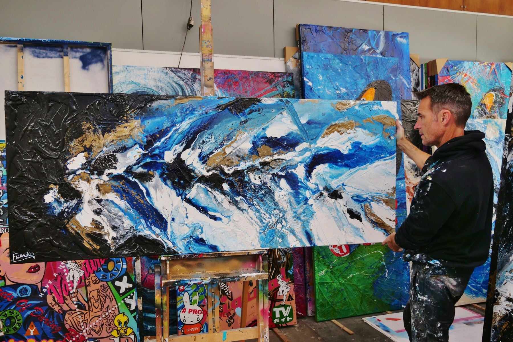 Admiralty 200cm x 80cm Blue Gold Textured Abstract Painting (SOLD)-Abstract-[Franko_Artist]-[The_Block]-[Dream_Homes]-[ideas]- [Grand_Designs]-Franklin Art Studio