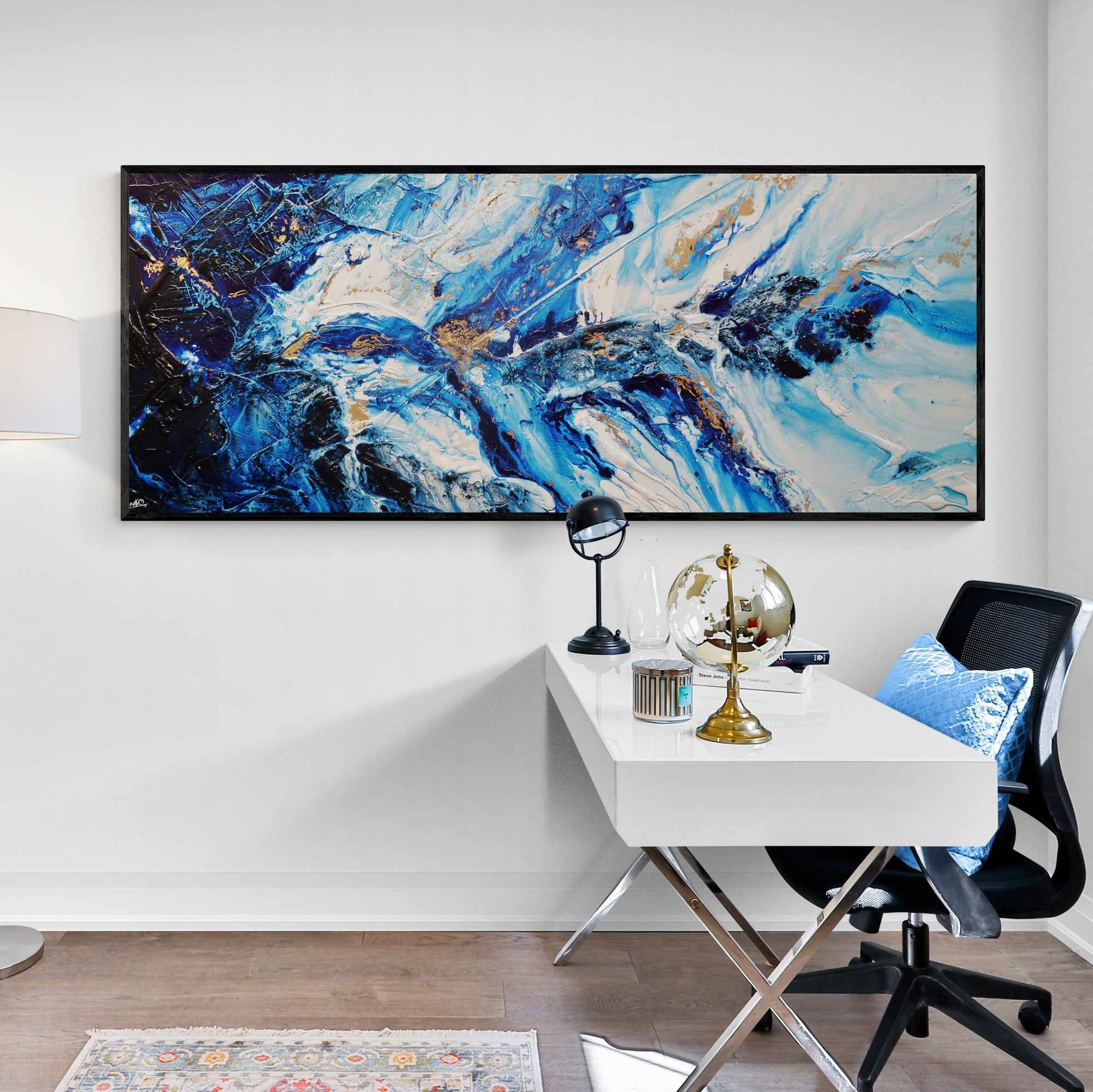 Admiralty Sapphire 200cm x 80cm Blue White Gold Textured Abstract Painting (SOLD)-Abstract-[Franko_Artist]-[The_Block]-[Dream_Homes]-[ideas]- [Grand_Designs]-Franklin Art Studio
