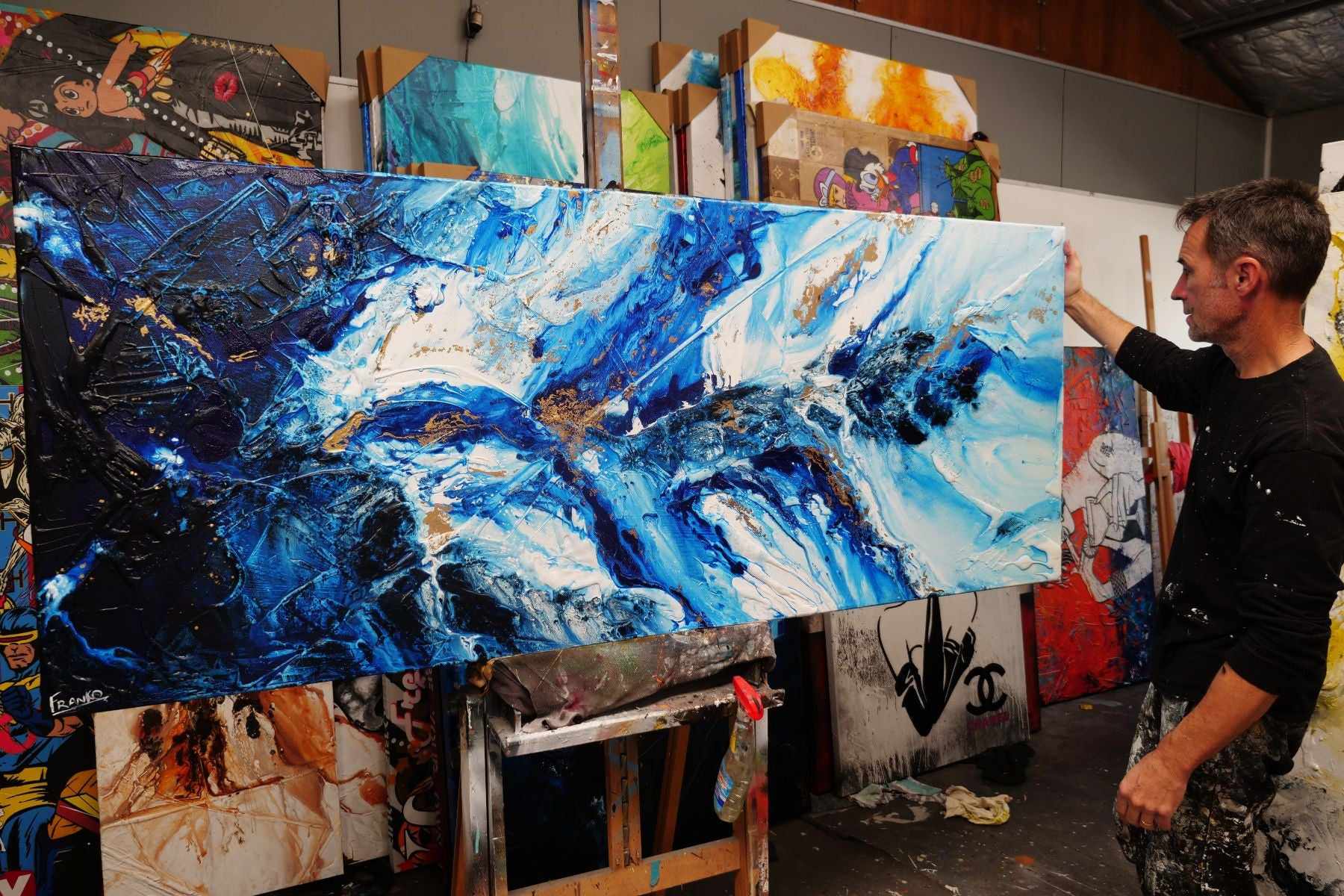 Admiralty Sapphire 200cm x 80cm Blue White Gold Textured Abstract Painting (SOLD)-Abstract-[Franko_Artist]-[The_Block]-[Dream_Homes]-[ideas]-[Grand_Designs]-[Art_Lover]-Franklin Art Studio