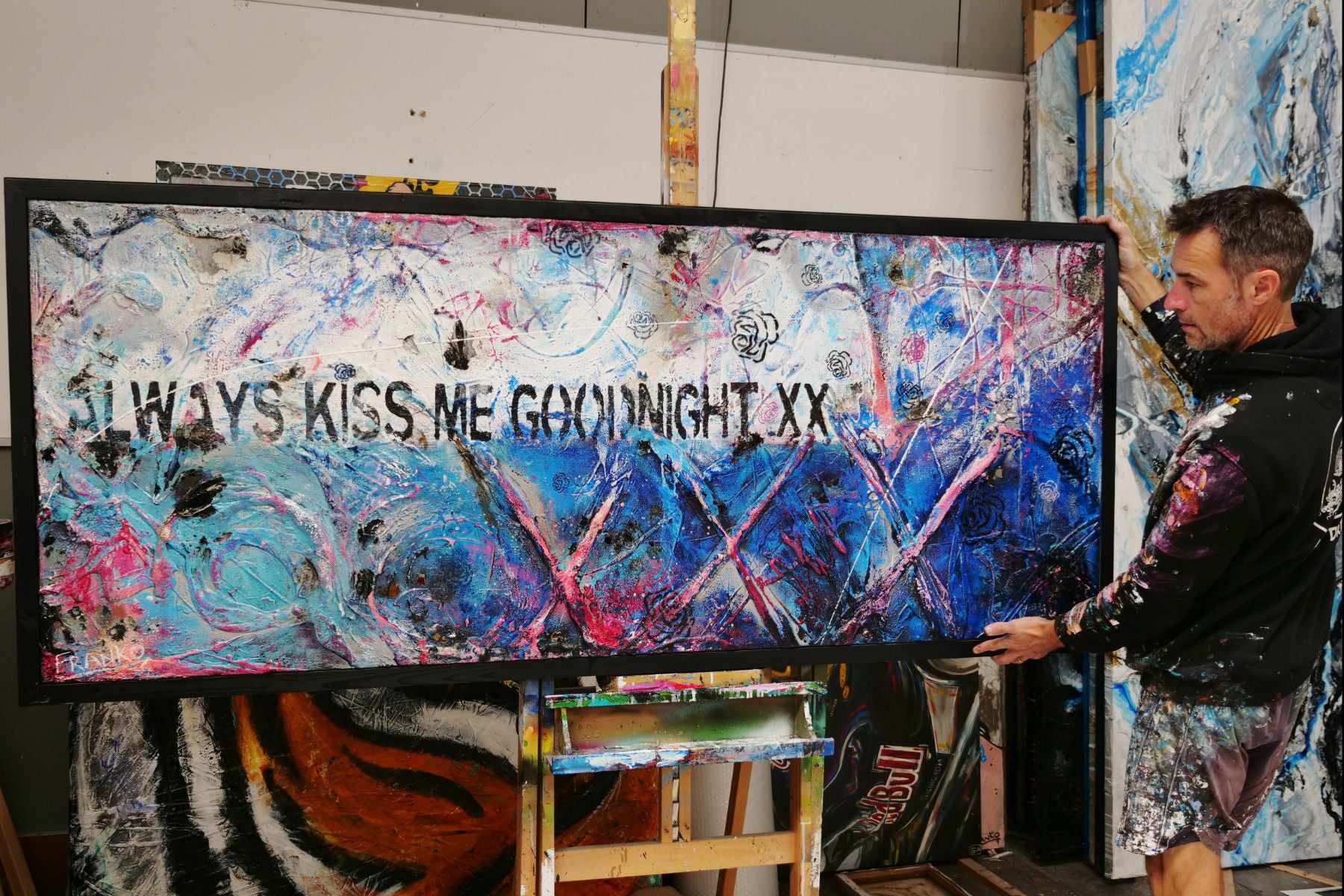 Always Kissing Blue 200cm x 80cm Always Kiss Me Goodnight Textured Urban Pop Art Painting (SOLD)-Urban Pop Art-[Franko_Artist]-[The_Block]-[Dream_Homes]-[ideas]- [Grand_Designs]-Franklin Art Studio