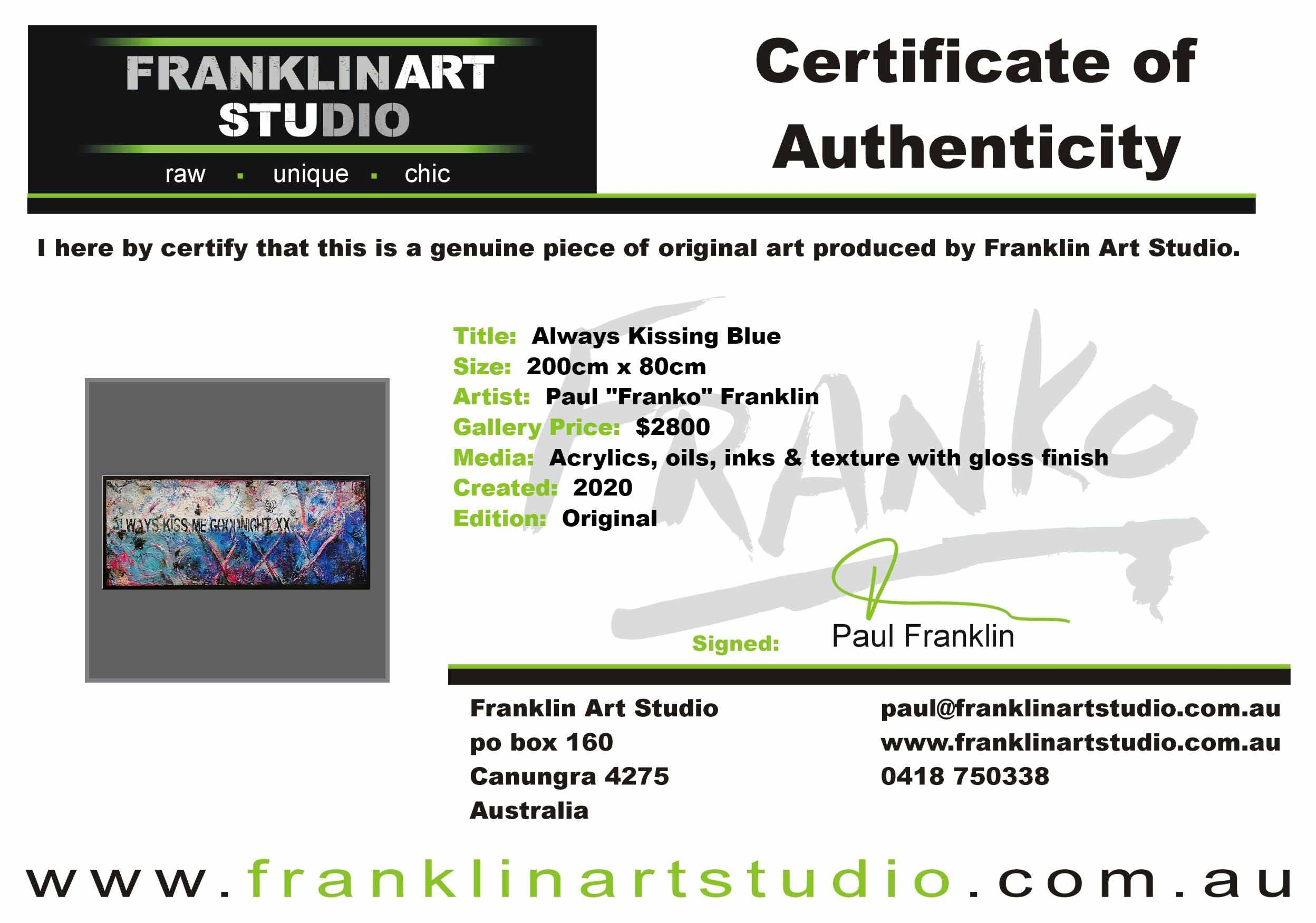 Always Kissing Blue 200cm x 80cm Always Kiss Me Goodnight Textured Urban Pop Art Painting (SOLD)-Urban Pop Art-[Franko_Artist]-[The_Block]-[Dream_Homes]-[ideas]-[Grand_Designs]-[Art_Lover]-Franklin Art Studio