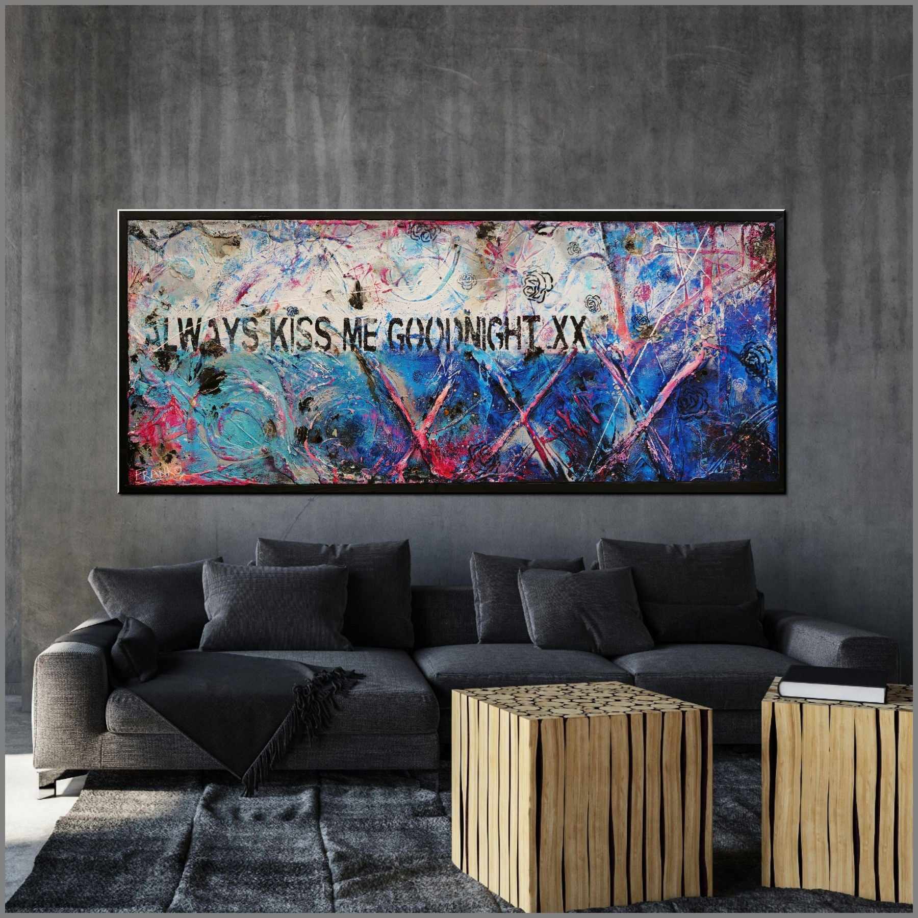 Always Kissing Blue 200cm x 80cm Always Kiss Me Goodnight Textured Urban Pop Art Painting (SOLD)-Urban Pop Art-[Franko_Artist]-[Australian_artist]-[Gold_Coast]-[Brisbane]-[modern]-[contemporary]-[original]-[Large_artwork]-[The_Block]-[Dream_Homes]-[ideas]-[Grand_Designs]-[Art_Lover]-Franklin Art Studio