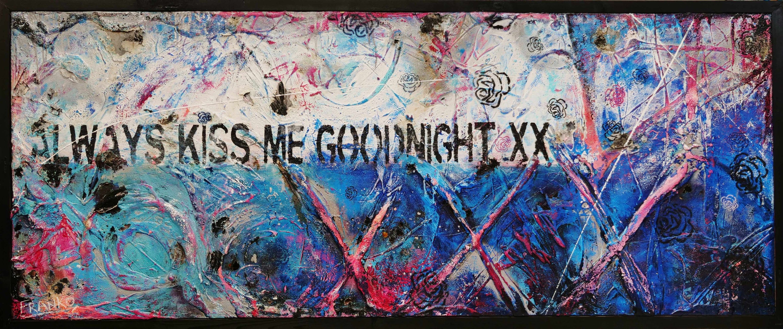 Always Kissing Blue 200cm x 80cm Always Kiss Me Goodnight Textured Urban Pop Art Painting (SOLD)-Urban Pop Art-[Franko_Artist]-[Australian_artist]-[Gold_Coast]-[Brisbane]-[modern]-[contemporary]-[original]-[Large_artwork]-Franklin Art Studio