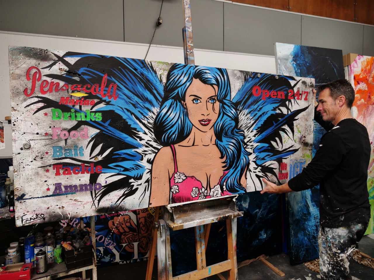 Angelic 210cm x 86cm Angel Recycled Timber Pallet Urban Pop Art Painting (SOLD)-Urban Pop Art-[Franko_Artist]-[The_Block]-[Dream_Homes]-[ideas]-[Grand_Designs]-[Art_Lover]-Franklin Art Studio