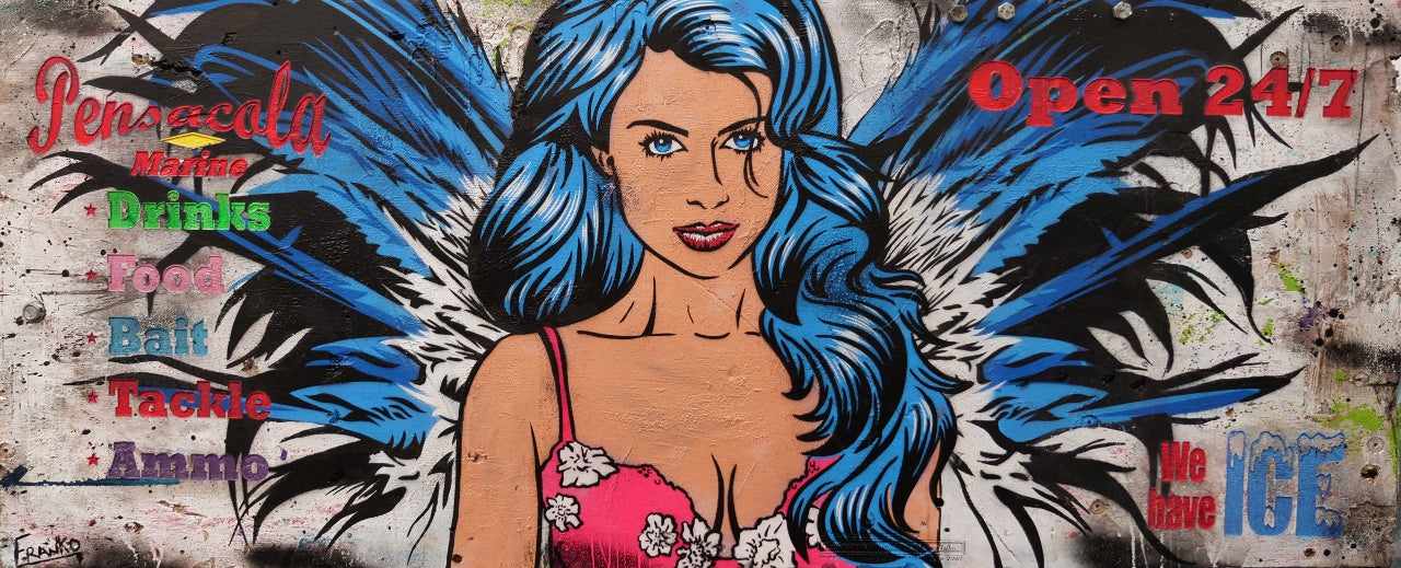 Angelic 210cm x 86cm Angel Recycled Timber Pallet Urban Pop Art Painting (SOLD)-Urban Pop Art-[Franko_Artist]-[Australian_artist]-[Gold_Coast]-[Brisbane]-[modern]-[contemporary]-[original]-[Large_artwork]-Franklin Art Studio