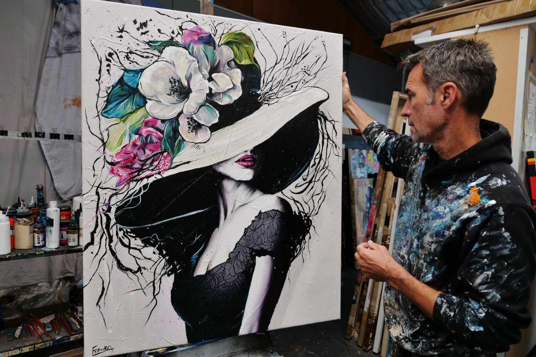Angelica 120cm x 100cm Flower Hat Abstract Elegance Textured Painting (SOLD)-people-[Franko]-[Australian]-[Popular]-[Best Selling]-Franklin Art Studio