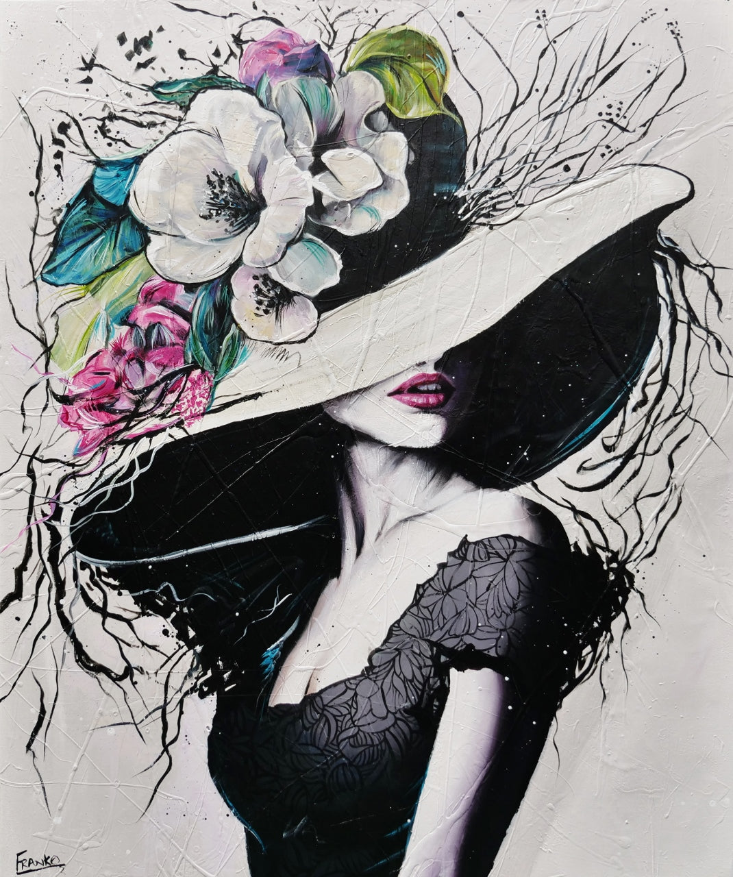Angelica 120cm x 100cm Flower Hat Abstract Elegance Textured Painting (SOLD)-people-[Franko_Artist]-[Australian_artist]-[Gold_Coast]-[Brisbane]-[modern]-[contemporary]-[original]-[Large_artwork]-Franklin Art Studio