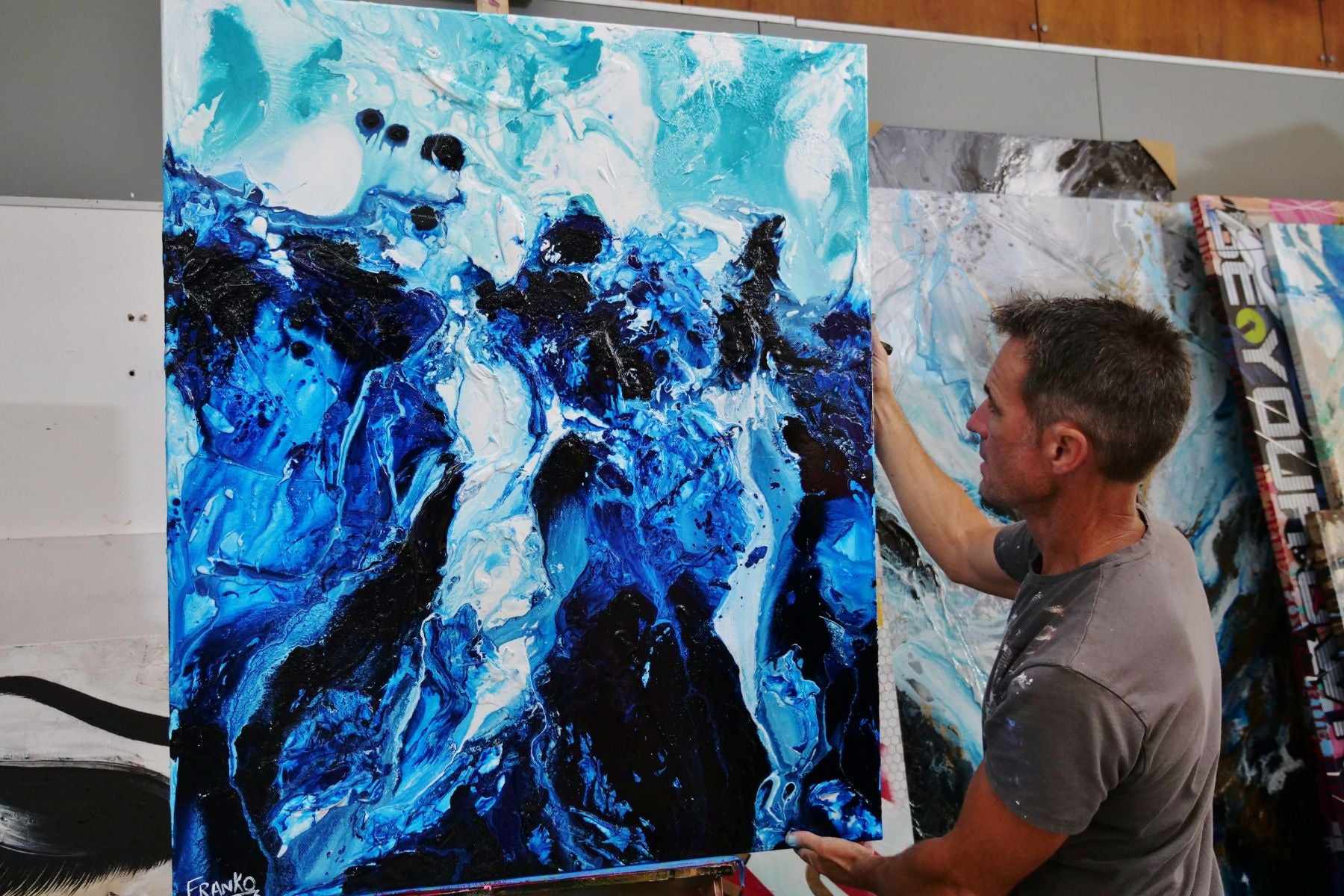 Aqua Motion 120cm x 100cm Blue White Textured Abstract Painting (SOLD)-Abstract-[Franko_Artist]-[The_Block]-[Dream_Homes]-[ideas]- [Grand_Designs]-Franklin Art Studio
