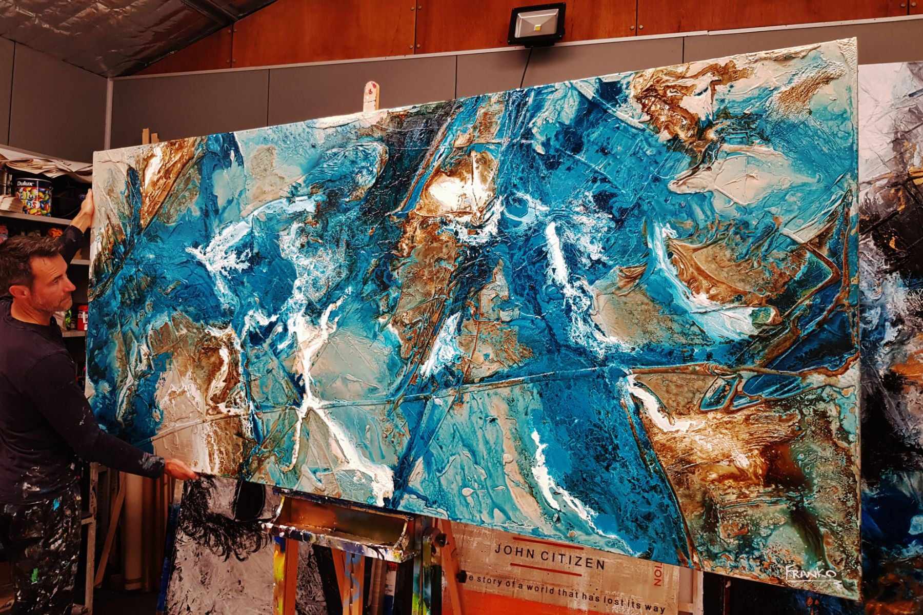 Aquatic Honey 270cm x 120cm Turquoise White Textured Abstract Painting (SOLD)-Abstract-[Franko_Artist]-[The_Block]-[Dream_Homes]-[ideas]- [Grand_Designs]-Franklin Art Studio