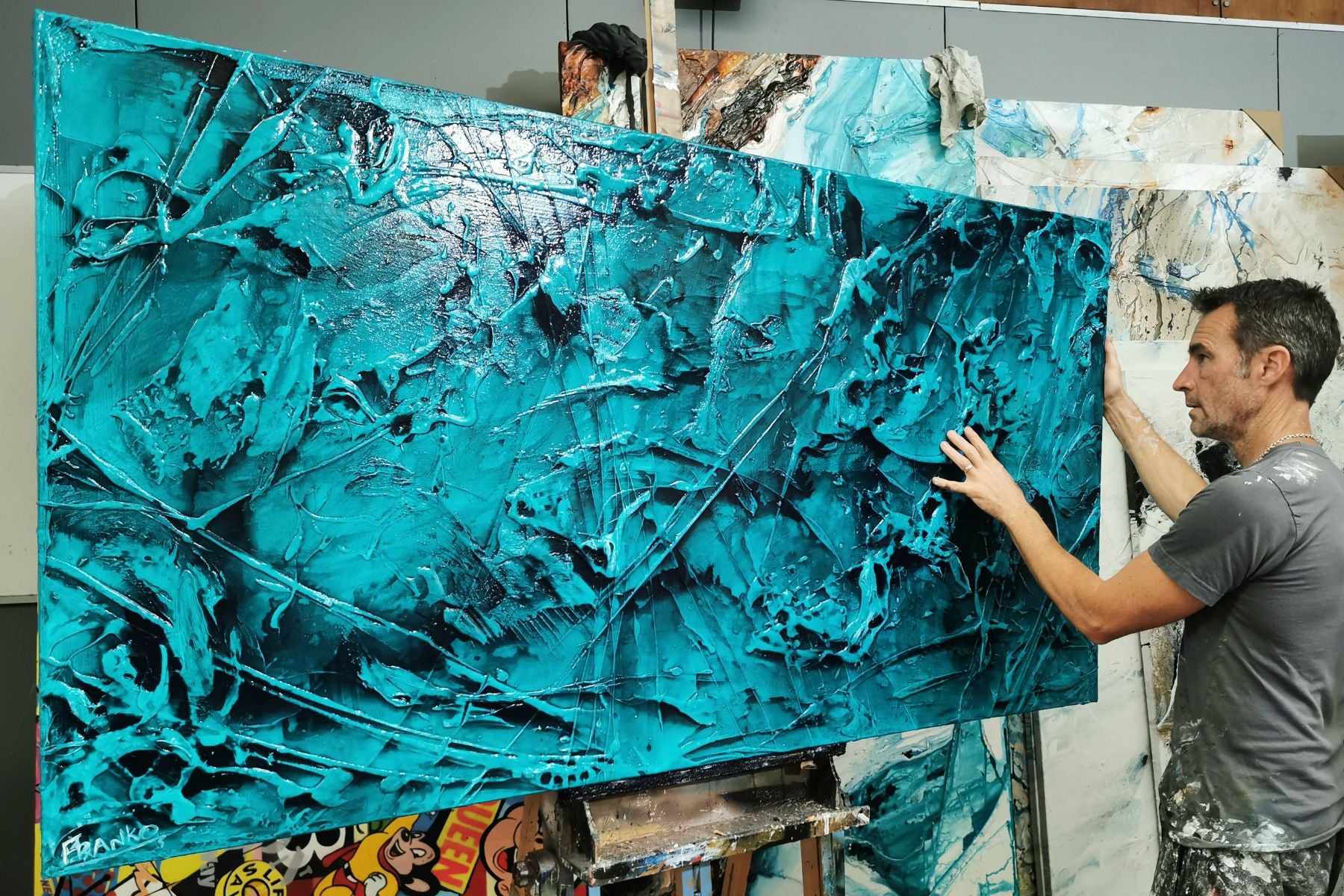 Aquatic Resonance 190cm x 100cm Teal Ink Textured Abstract Painting (SOLD)-Abstract-[Franko_Artist]-[The_Block]-[Dream_Homes]-[ideas]- [Grand_Designs]-Franklin Art Studio