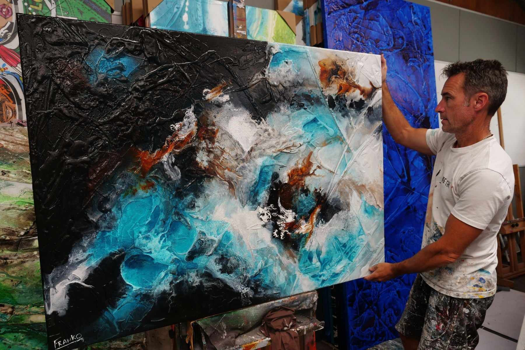 Aquatic Silk 140cm x 100cm Aqua Black Textured Abstract Painting (SOLD)-Abstract-[Franko_Artist]-[The_Block]-[Dream_Homes]-[ideas]- [Grand_Designs]-Franklin Art Studio