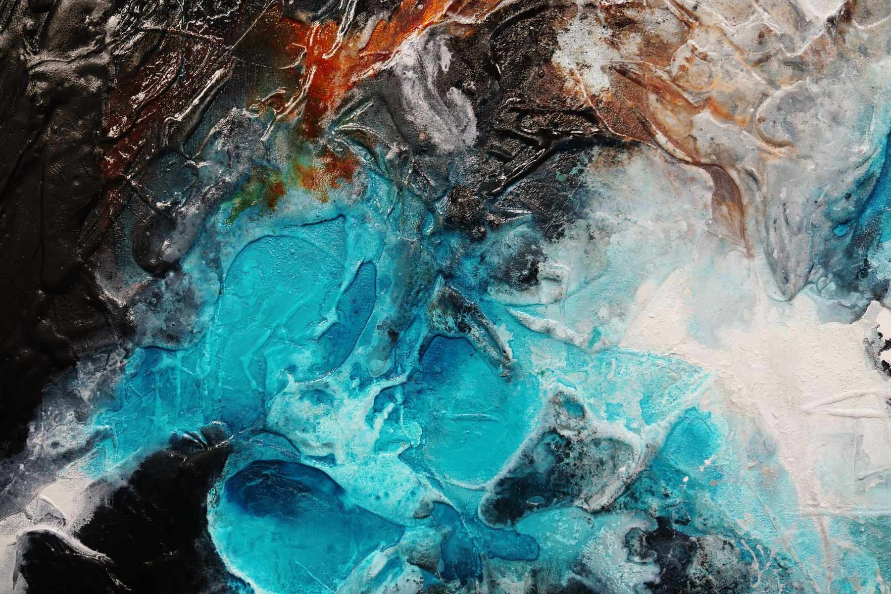 Aquatic Silk 140cm x 100cm Aqua Black Textured Abstract Painting (SOLD)
