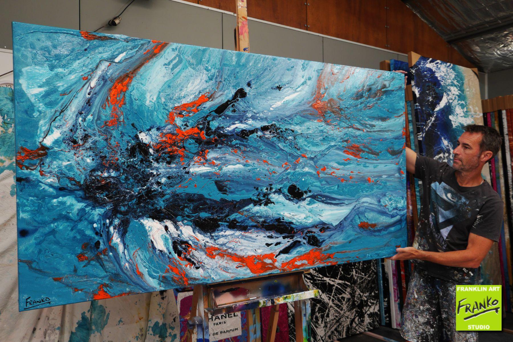 Aquatic Silk 190cm x 100cm Blue Orange Textured Abstract Painting (SOLD)-Abstract-[Franko_Artist]-[The_Block]-[Dream_Homes]-[ideas]- [Grand_Designs]-Franklin Art Studio