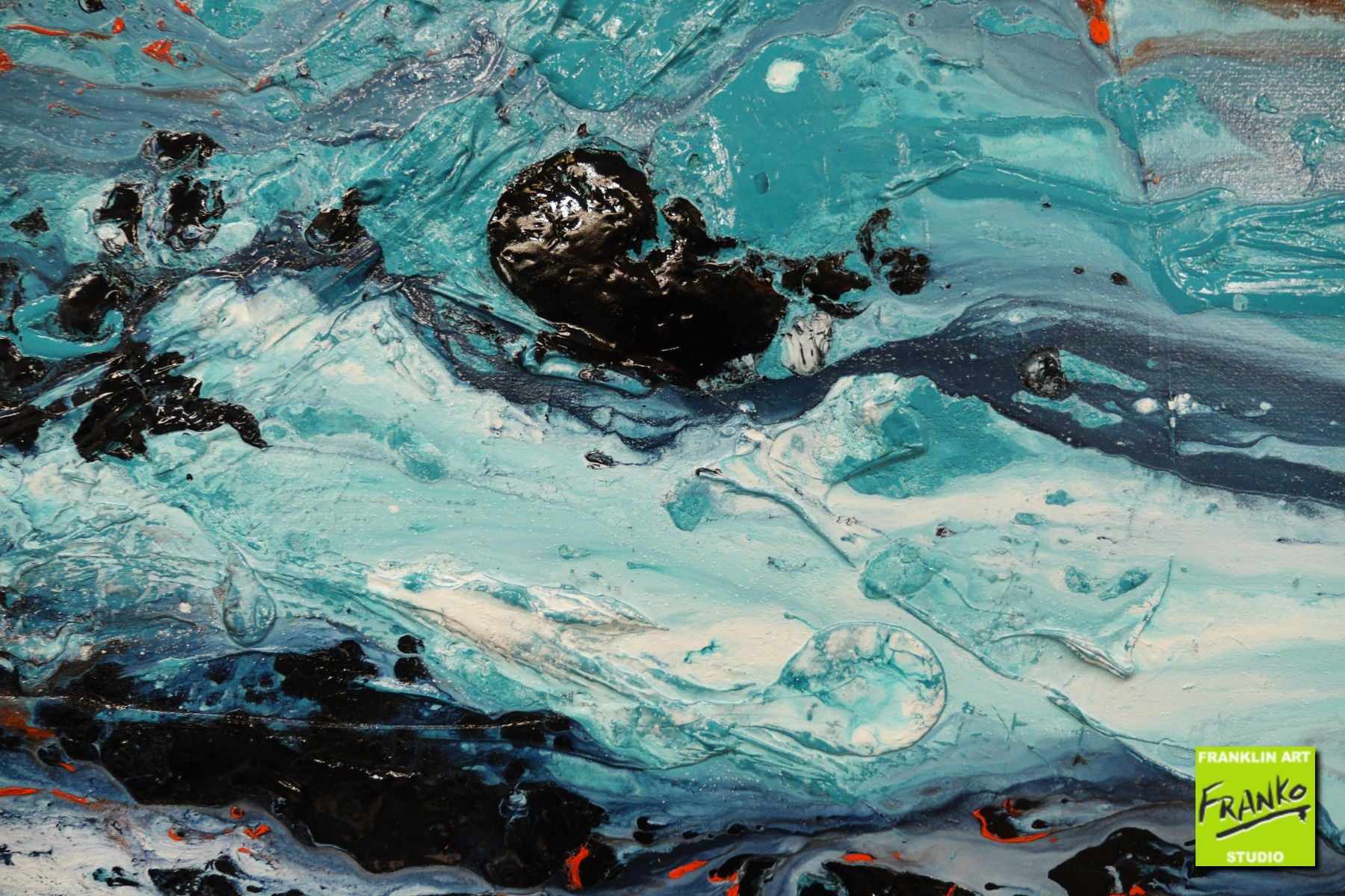 Aquatic Silk 190cm x 100cm Blue Orange Textured Abstract Painting (SOLD)