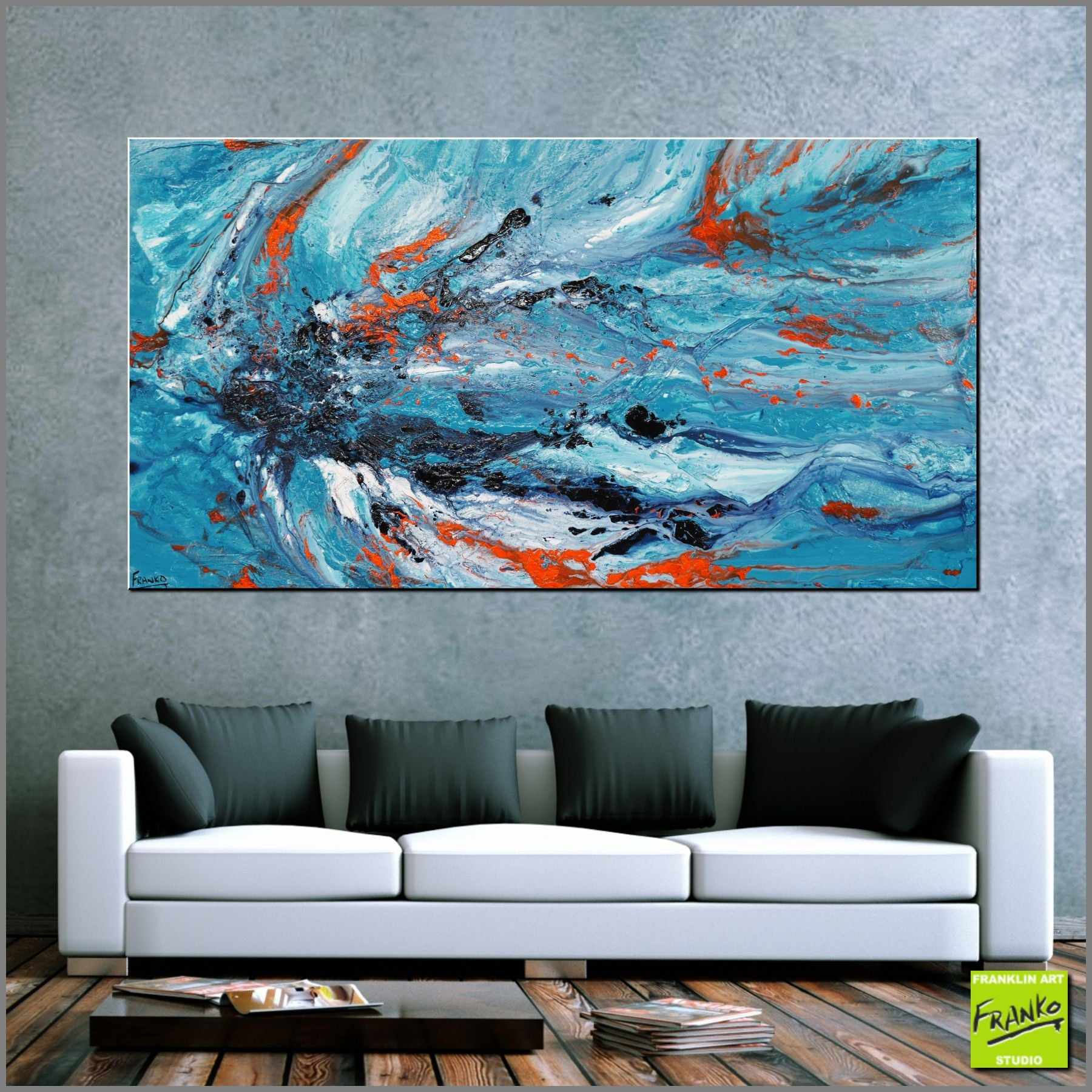 Aquatic Silk 190cm x 100cm Blue Orange Textured Abstract Painting (SOLD)-Abstract-[Franko_Artist]-[Australian_artist]-[Gold_Coast]-[Brisbane]-[modern]-[contemporary]-[original]-[Large_artwork]-[The_Block]-[Dream_Homes]-[ideas]-[Grand_Designs]-[Art_Lover]-Franklin Art Studio