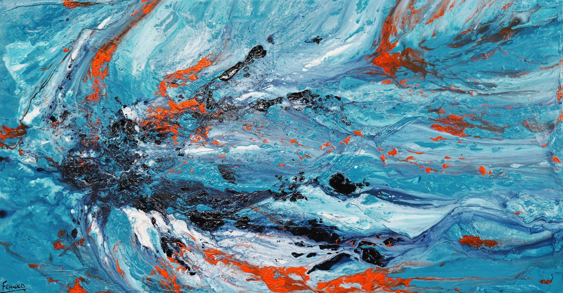 Aquatic Silk 190cm x 100cm Blue Orange Textured Abstract Painting (SOLD)-Abstract-[Franko_Artist]-[Australian_artist]-[Gold_Coast]-[Brisbane]-[modern]-[contemporary]-[original]-[Large_artwork]-Franklin Art Studio