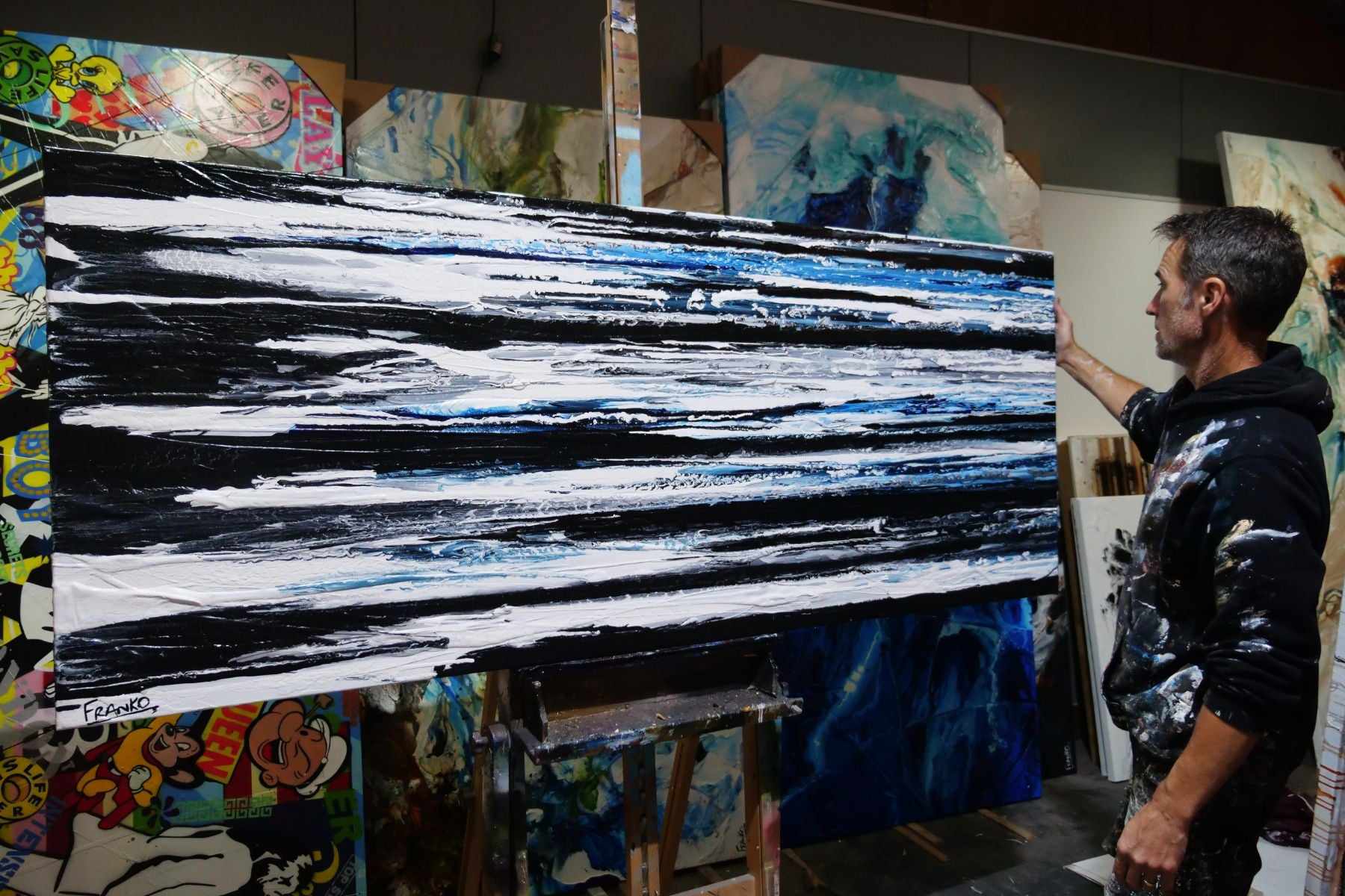 Arctic Prush 200cm x 80cm Black White Blue Textured Abstract Painting (SOLD)-Abstract-[Franko_Artist]-[The_Block]-[Dream_Homes]-[ideas]- [Grand_Designs]-Franklin Art Studio