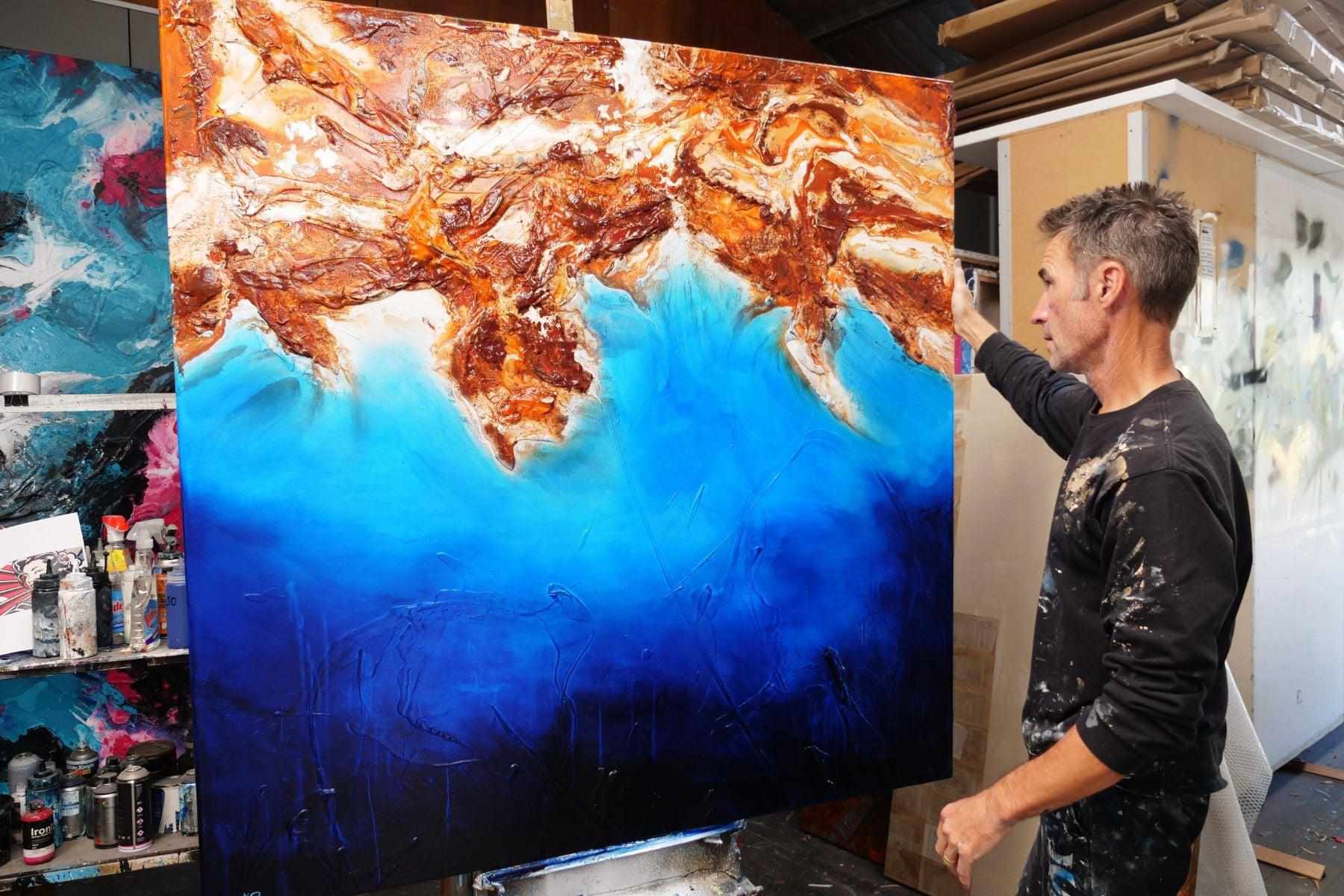 Arid Coast 150cm x 150cm Blue Oxide Textured Abstract Painting (SOLD)-Abstract-[Franko_Artist]-[The_Block]-[Dream_Homes]-[ideas]- [Grand_Designs]-Franklin Art Studio