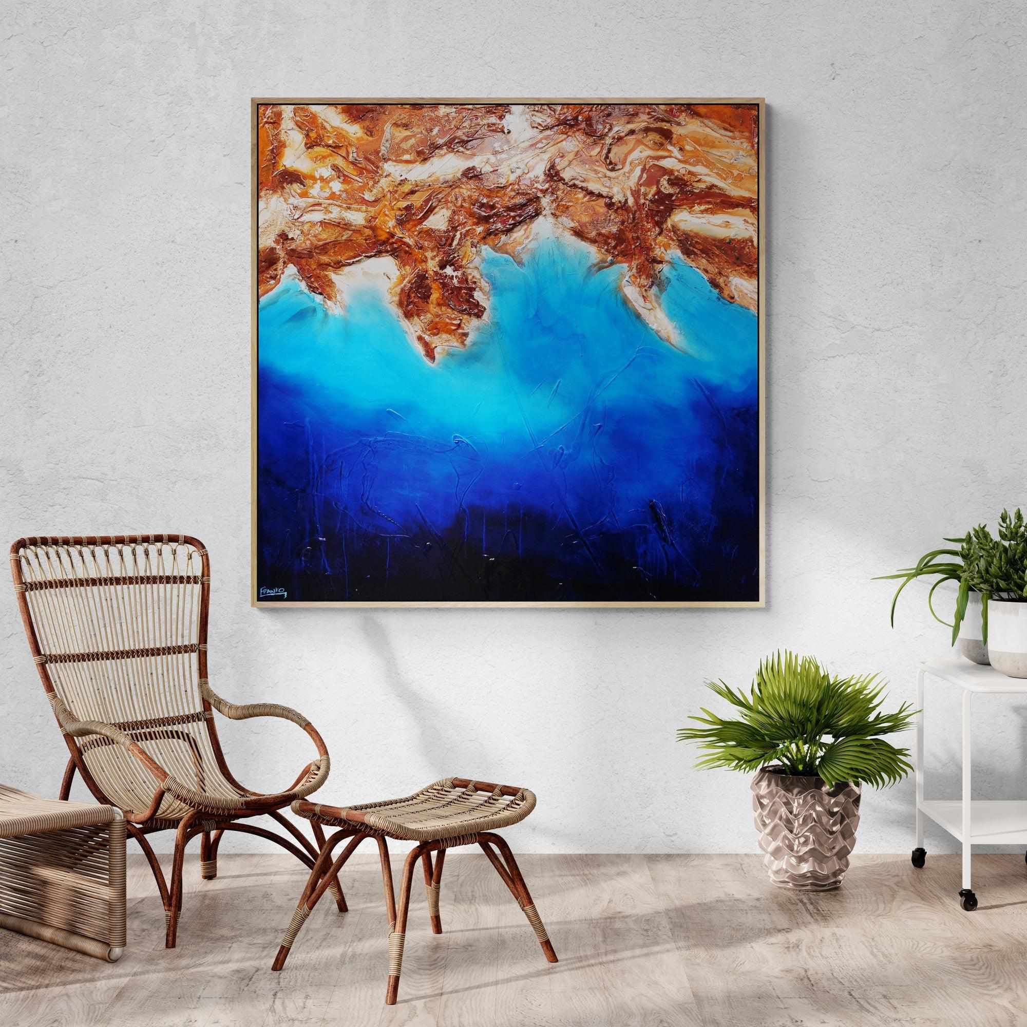 Arid Coast 150cm x 150cm Blue Oxide Textured Abstract Painting (SOLD)-Abstract-[Franko_Artist]-[Australian_artist]-[Gold_Coast]-[Brisbane]-[modern]-[contemporary]-[original]-[Large_artwork]-[The_Block]-[Dream_Homes]-[ideas]-[Grand_Designs]-[Art_Lover]-Franklin Art Studio