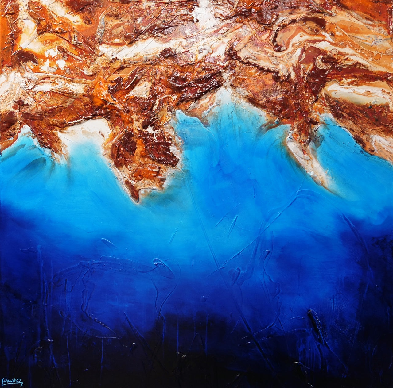 Arid Coast 150cm x 150cm Blue Oxide Textured Abstract Painting (SOLD)-Abstract-[Franko_Artist]-[Australian_artist]-[Gold_Coast]-[Brisbane]-[modern]-[contemporary]-[original]-[Large_artwork]-Franklin Art Studio