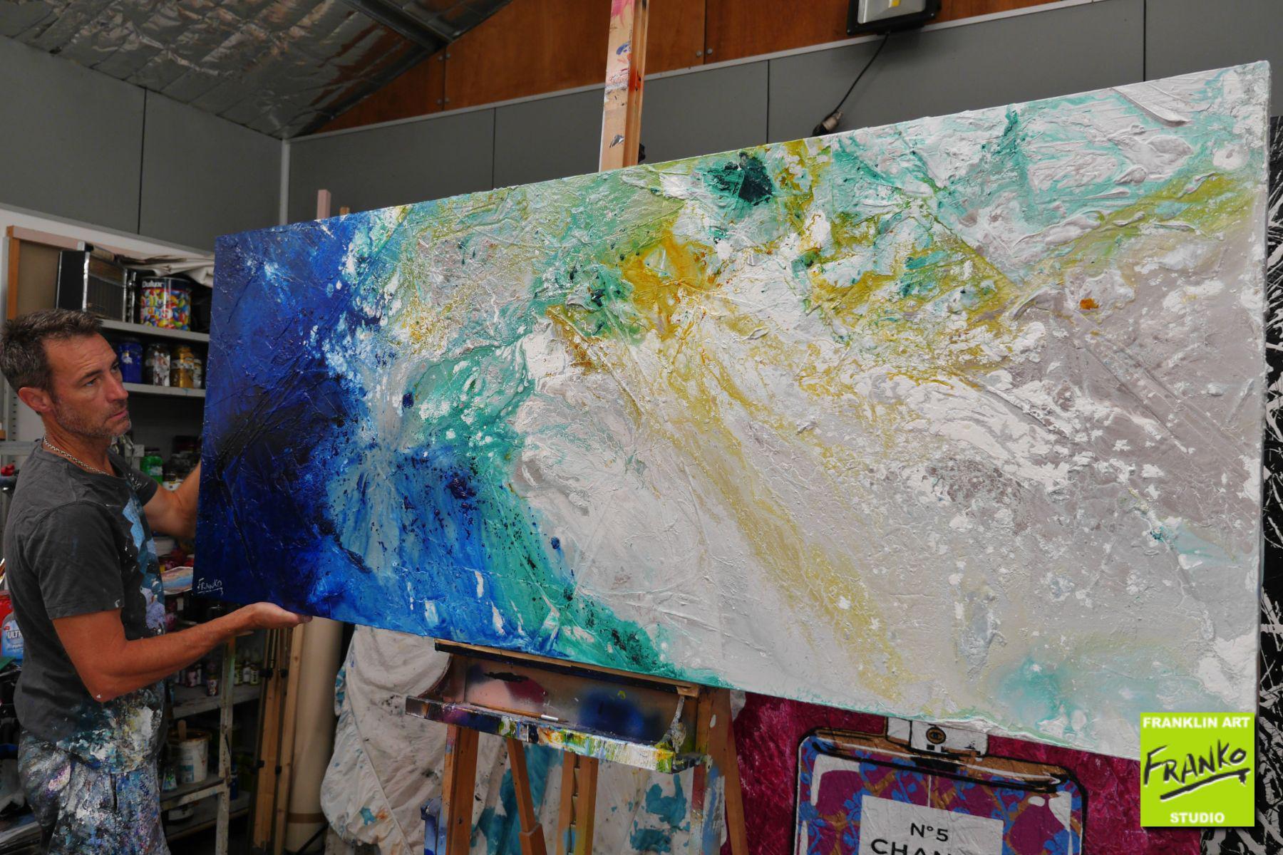Atmosphere 200cm x 80cm Blue Green Grey Textured Abstract Painting (SOLD)-Abstract-[Franko_Artist]-[The_Block]-[Dream_Homes]-[ideas]- [Grand_Designs]-Franklin Art Studio