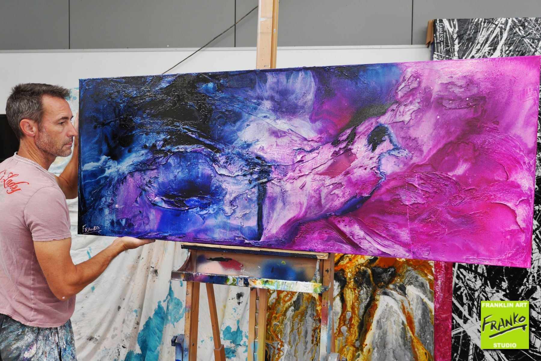 Atomic Kitten 160cm x 60cm Black White Pink Blue Textured Abstract Painting (SOLD)-Abstract-[Franko_Artist]-[The_Block]-[Dream_Homes]-[ideas]- [Grand_Designs]-Franklin Art Studio