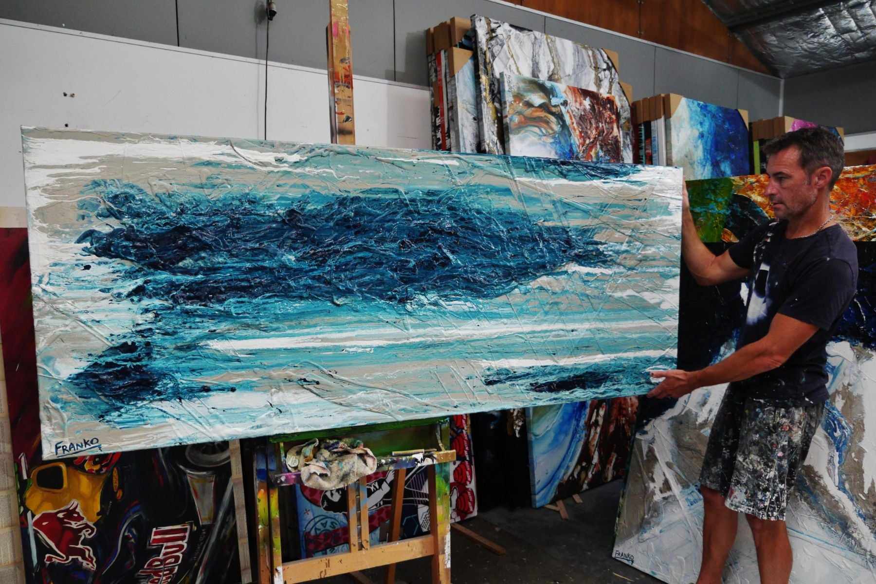 Atomic Malt 200cm x 80cm Blue Cream Textured Abstract Painting (SOLD)-Abstract-[Franko_Artist]-[The_Block]-[Dream_Homes]-[ideas]- [Grand_Designs]-Franklin Art Studio