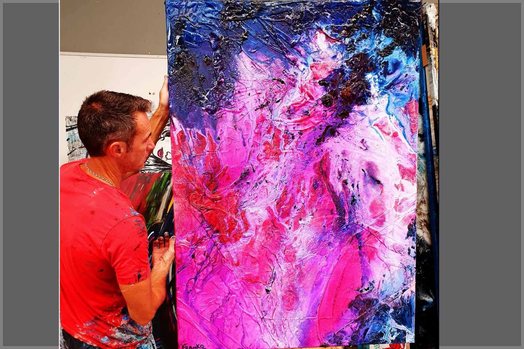 Atomic Ninja 140cm x 100cm Pink Blue Textured Abstract Painting (SOLD)-Abstract-[Franko_Artist]-[The_Block]-[Dream_Homes]-[ideas]- [Grand_Designs]-Franklin Art Studio