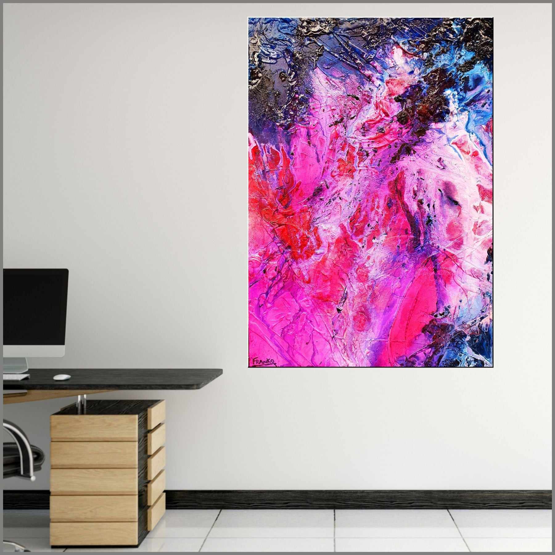 Atomic Ninja 140cm x 100cm Pink Blue Textured Abstract Painting (SOLD)-Abstract-[Franko_Artist]-[Australian_artist]-[Gold_Coast]-[Brisbane]-[modern]-[contemporary]-[original]-[Large_artwork]-[The_Block]-[Dream_Homes]-[ideas]-[Grand_Designs]-[Art_Lover]-Franklin Art Studio