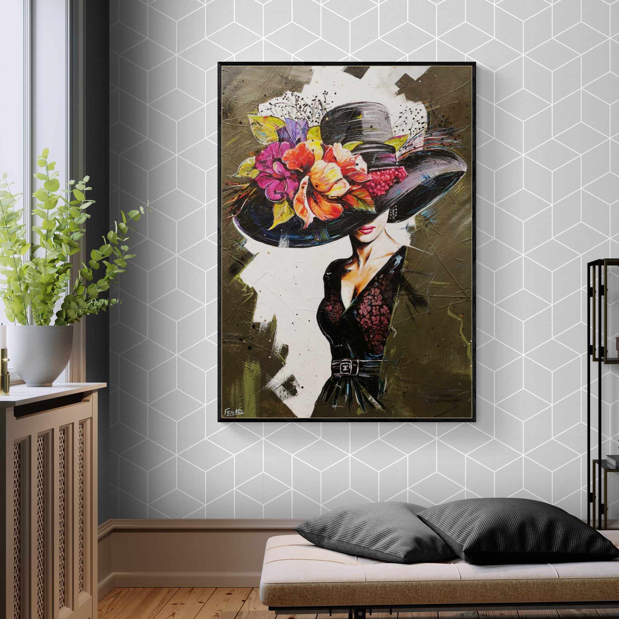 Audrey 140cm x 100cm Flower Hat Abstract Realism Textured Painting (SOLD)-people-[Franko_Artist]-[The_Block]-[Dream_Homes]-[ideas]-[Grand_Designs]-[Art_Lover]-Franklin Art Studio