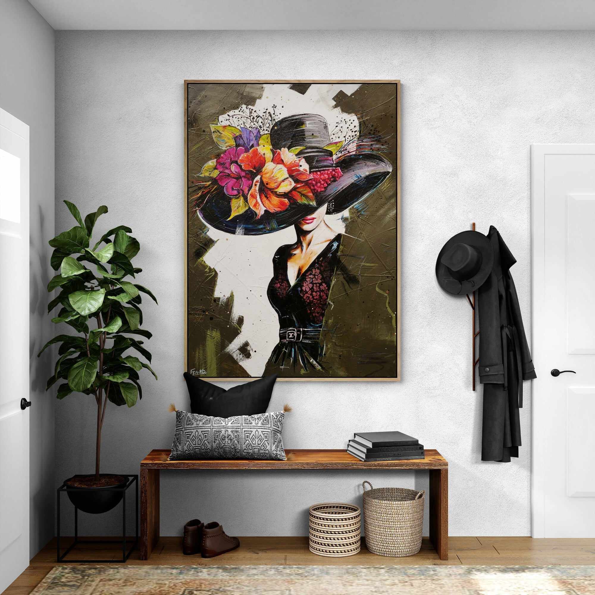 Audrey 140cm x 100cm Flower Hat Abstract Realism Textured Painting (SOLD)-people-[Franko_Artist]-[Australian_artist]-[Gold_Coast]-[Brisbane]-[modern]-[contemporary]-[original]-[Large_artwork]-[The_Block]-[Dream_Homes]-[ideas]-[Grand_Designs]-[Art_Lover]-Franklin Art Studio