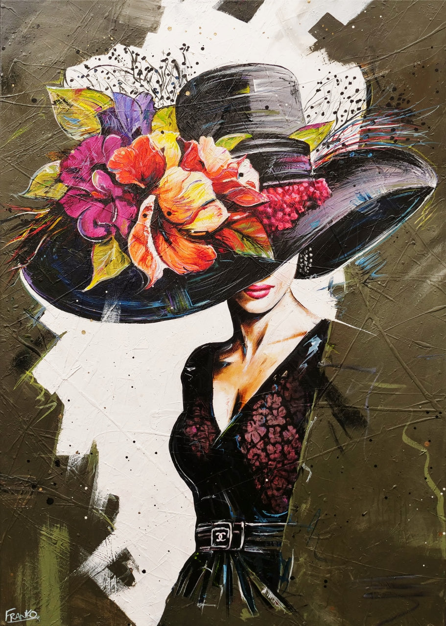 Audrey 140cm x 100cm Flower Hat Abstract Realism Textured Painting (SOLD)-people-[Franko_Artist]-[Australian_artist]-[Gold_Coast]-[Brisbane]-[modern]-[contemporary]-[original]-[Large_artwork]-Franklin Art Studio