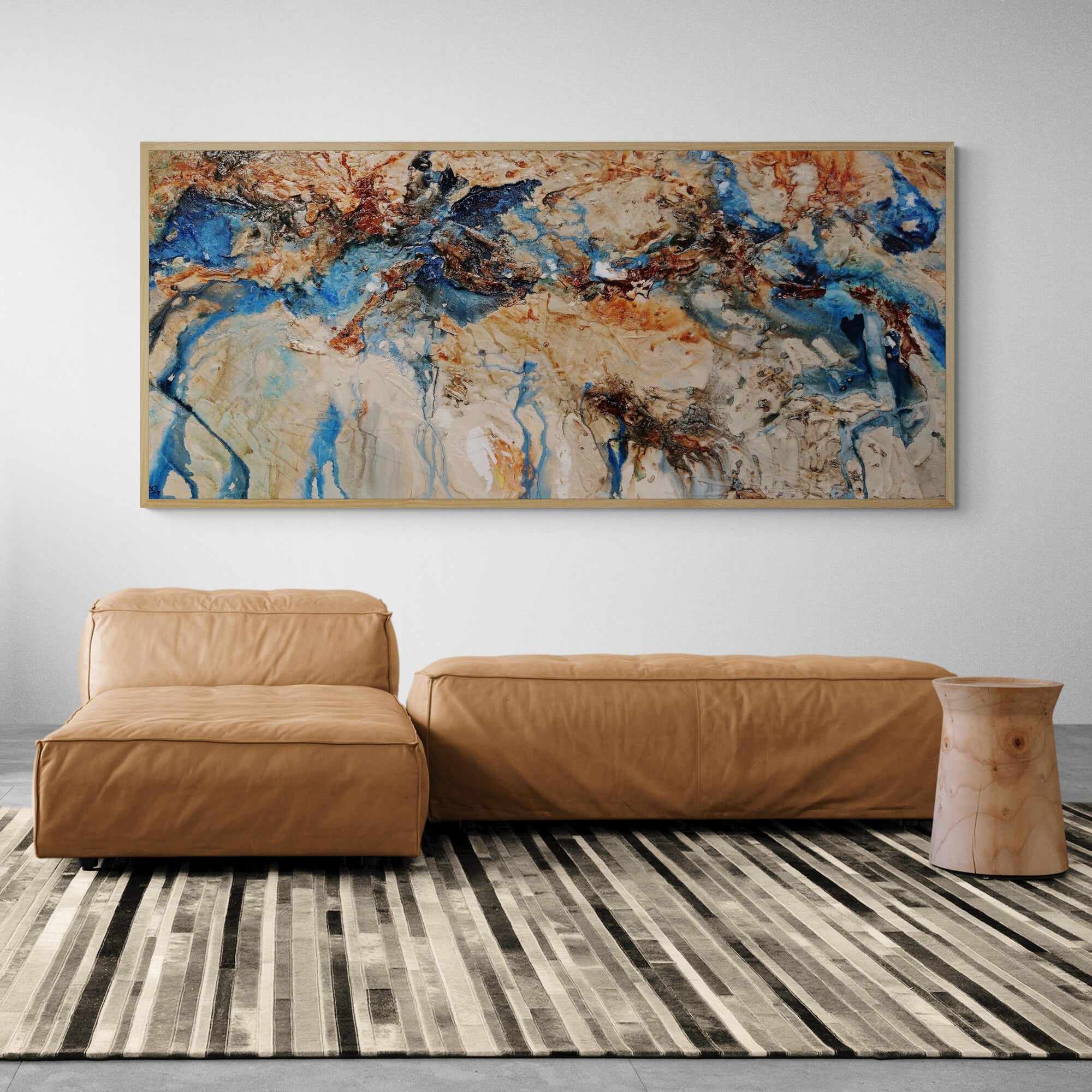 Australian Class 240cm x 100cm Cream Blue Textured Abstract Painting (SOLD)-Abstract-[Franko_Artist]-[The_Block]-[Dream_Homes]-[ideas]- [Grand_Designs]-Franklin Art Studio