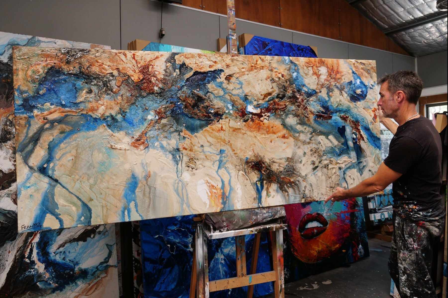 Australian Class 240cm x 100cm Cream Blue Textured Abstract Painting (SOLD)-Abstract-[Franko_Artist]-[The_Block]-[Dream_Homes]-[ideas]-[Grand_Designs]-[Art_Lover]-Franklin Art Studio