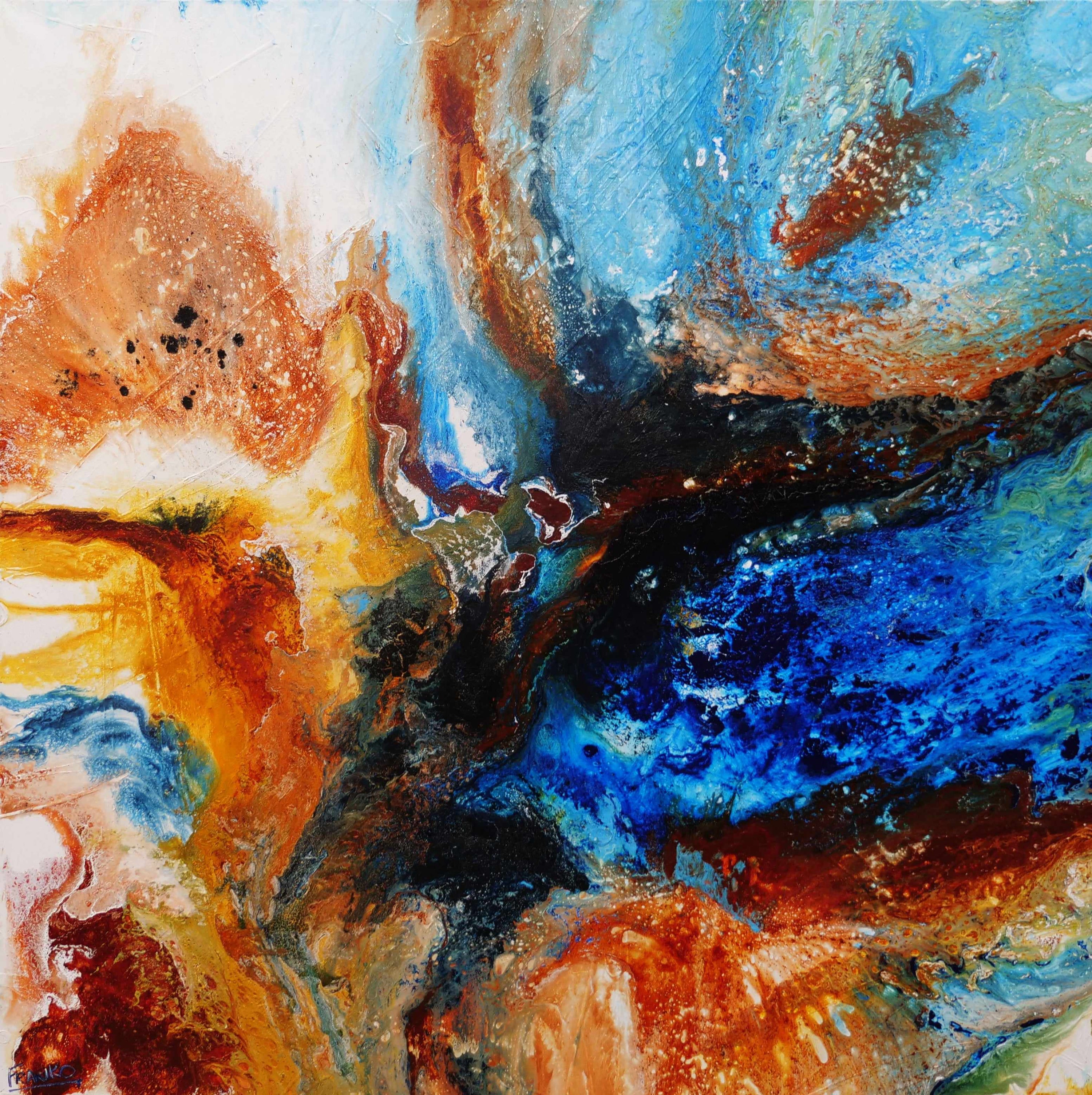 Australian Delta 120cm x 120cm Blue Rust Textured Abstract Painting (SOLD)-Abstract-[Franko_Artist]-[Australian_artist]-[Gold_Coast]-[Brisbane]-[modern]-[contemporary]-[original]-[Large_artwork]-Franklin Art Studio