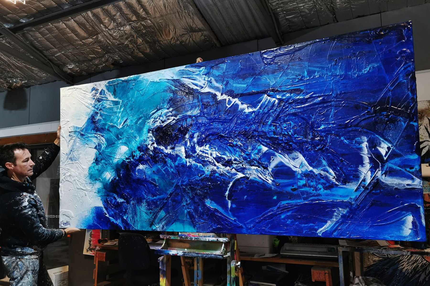 Azure Royalty 270cm x 120cm Blue White Textured Abstract Painting (SOLD)-Abstract-[Franko_Artist]-[The_Block]-[Dream_Homes]-[ideas]- [Grand_Designs]-Franklin Art Studio