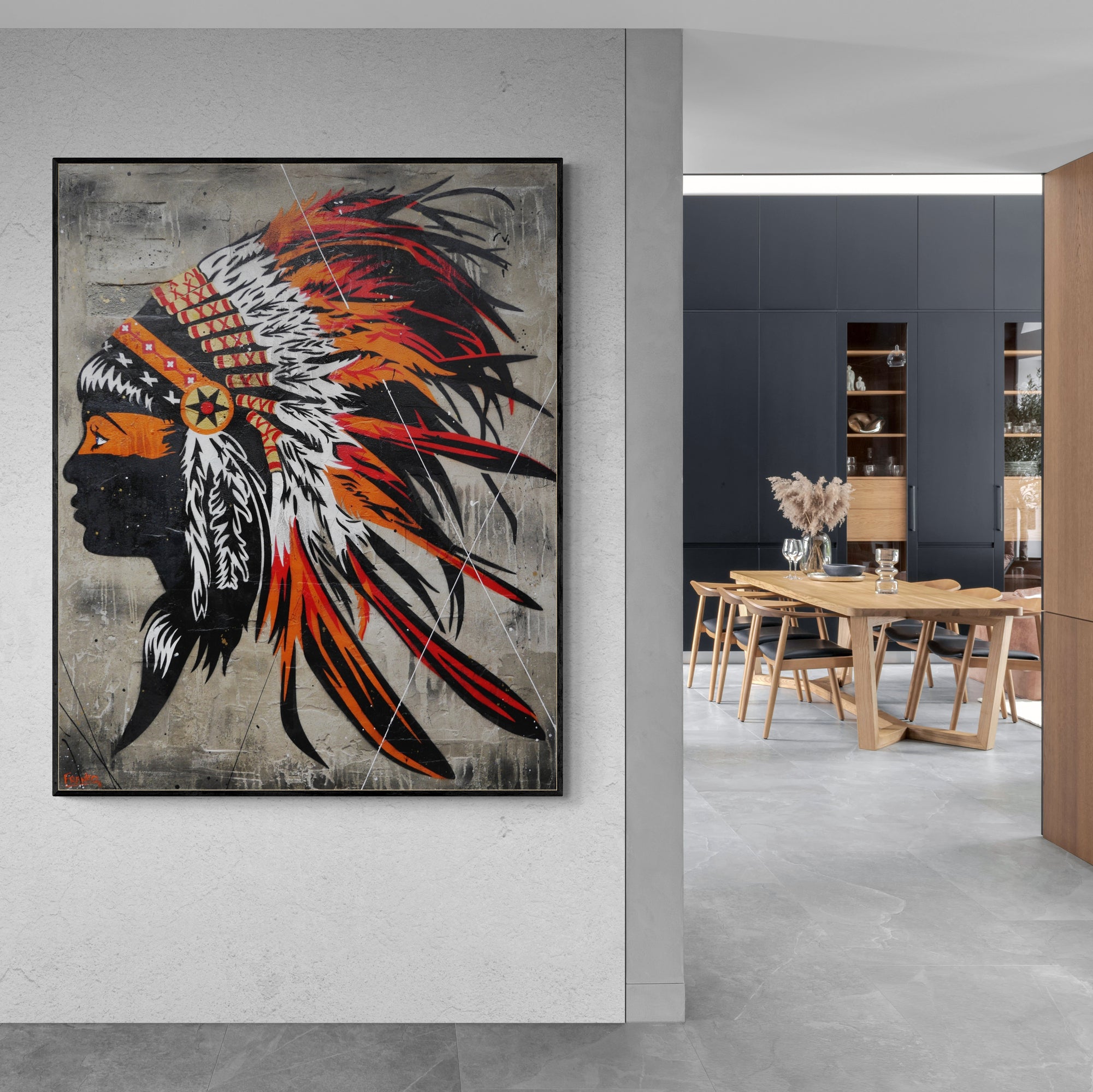 Orange Feathers 120cm x 150cm Indian Headdress Concrete Textured Urban Pop Art Painting-Urban Pop Art-[Franko_Artist]-[Australian_artist]-[Gold_Coast]-[Brisbane]-[modern]-[contemporary]-[original]-[Large_artwork]-[The_Block]-[Dream_Homes]-[ideas]-[Grand_Designs]-[Art_Lover]-Franklin Art Studio