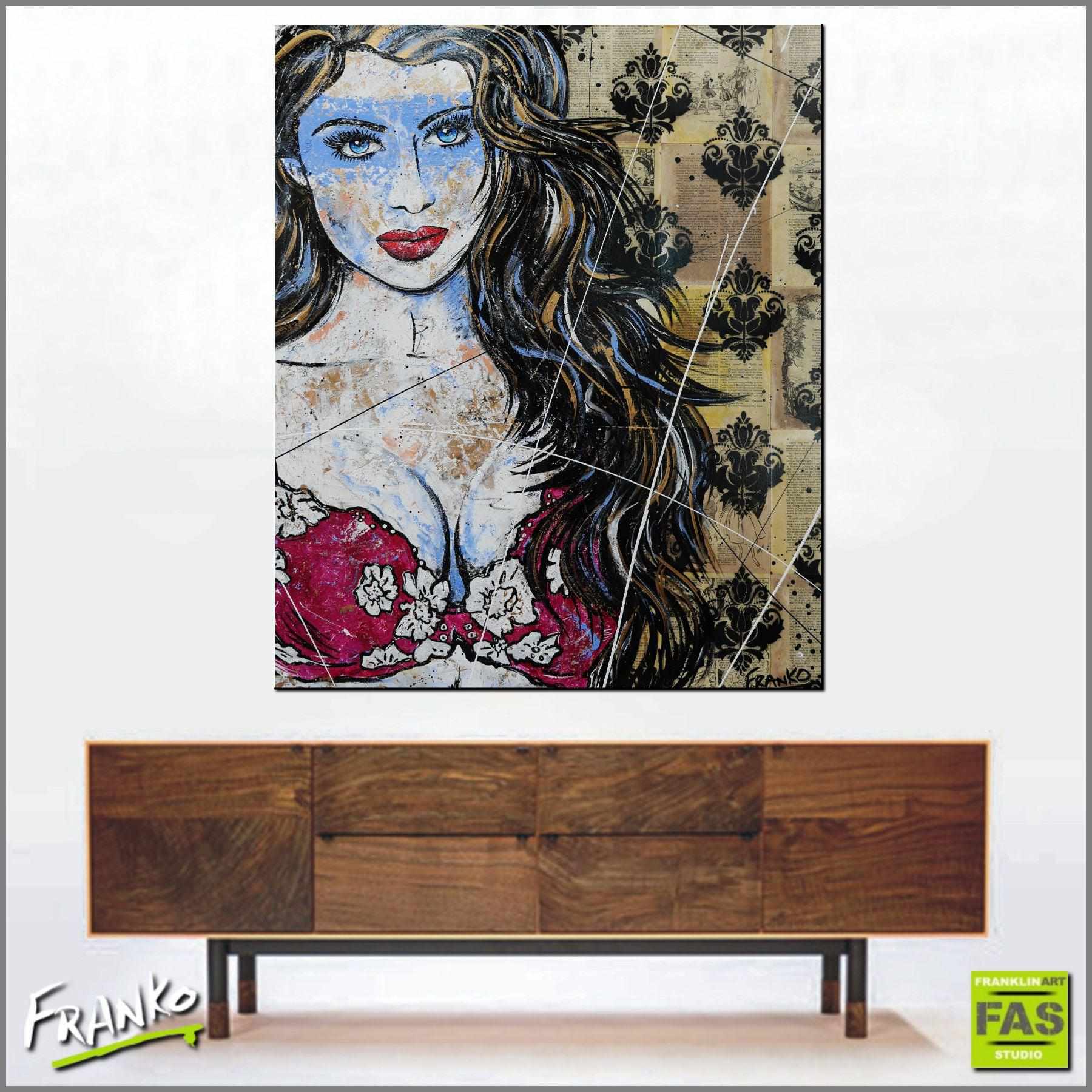 Baby Blues 120cm x 100cm Sexy Lingerie 50 Shades of Grey Book Page Urban Pop art Painting (SOLD)-book club-[Franko_Artist]-[Australian_artist]-[Gold_Coast]-[Brisbane]-[modern]-[contemporary]-[original]-[Large_artwork]-[The_Block]-[Dream_Homes]-[ideas]-[Grand_Designs]-[Art_Lover]-Franklin Art Studio