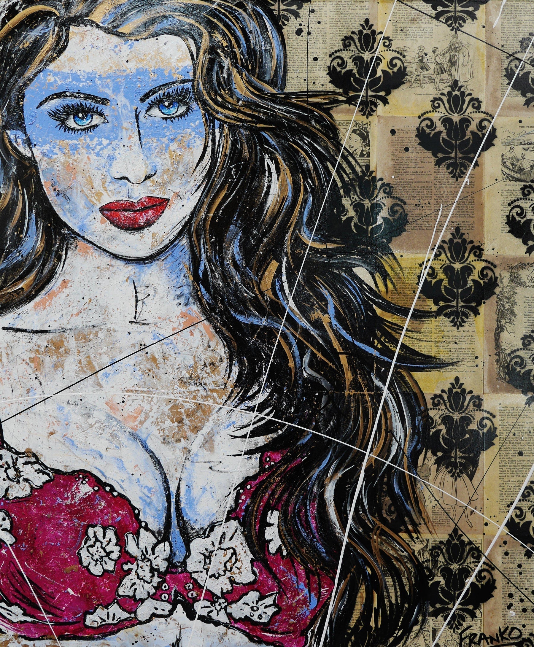 Baby Blues 120cm x 100cm Sexy Lingerie 50 Shades of Grey Book Page Urban Pop art Painting (SOLD)-book club-[Franko_Artist]-[Australian_artist]-[Gold_Coast]-[Brisbane]-[modern]-[contemporary]-[original]-[Large_artwork]-Franklin Art Studio