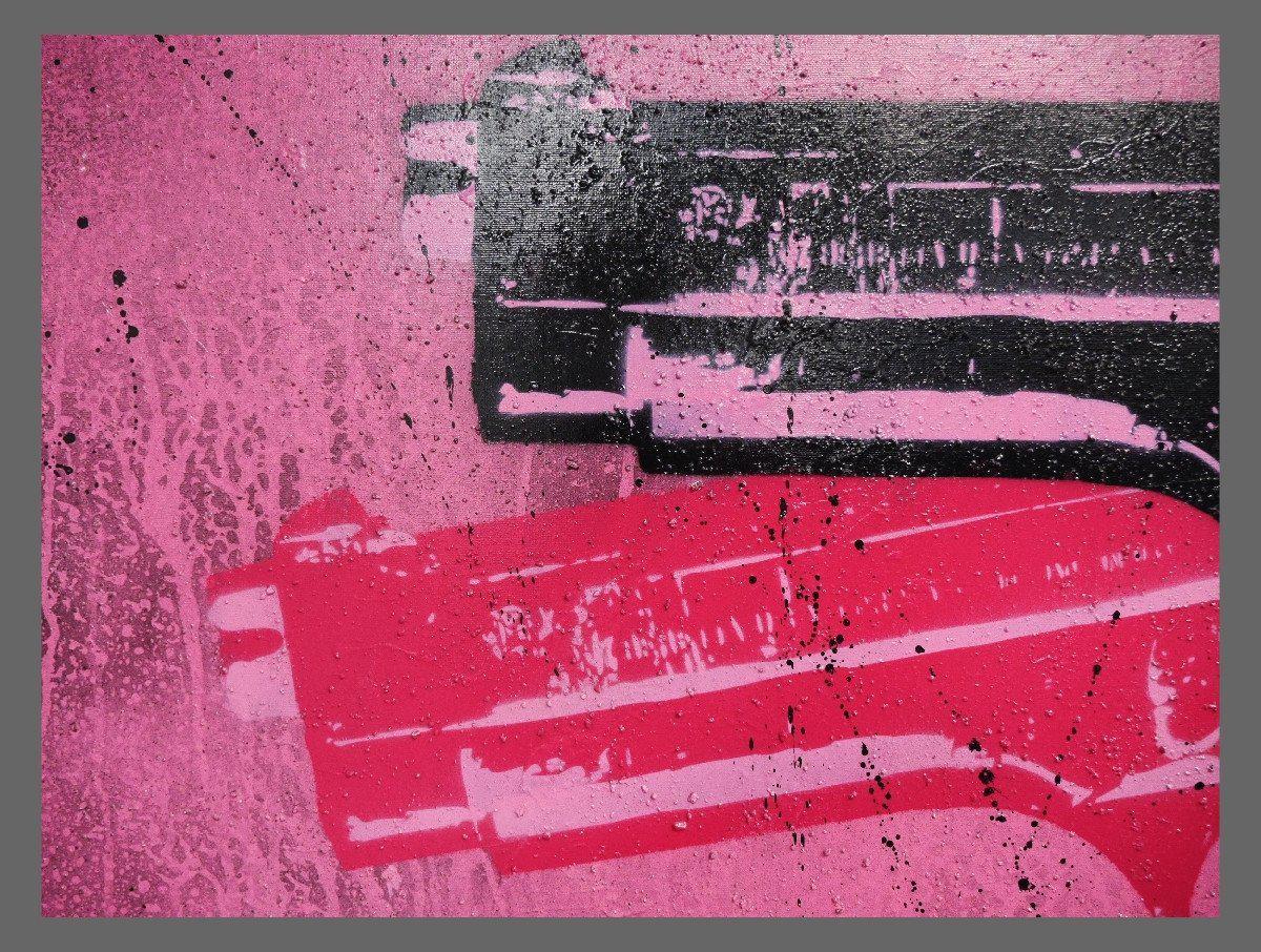 Bang Bang Warhol Two 140cm x 100cm Guns Pink Pop Art Painting (SOLD)-urban pop-[Franko_Artist]-[The_Block]-[Dream_Homes]-[ideas]-[Grand_Designs]-[Art_Lover]-Franklin Art Studio