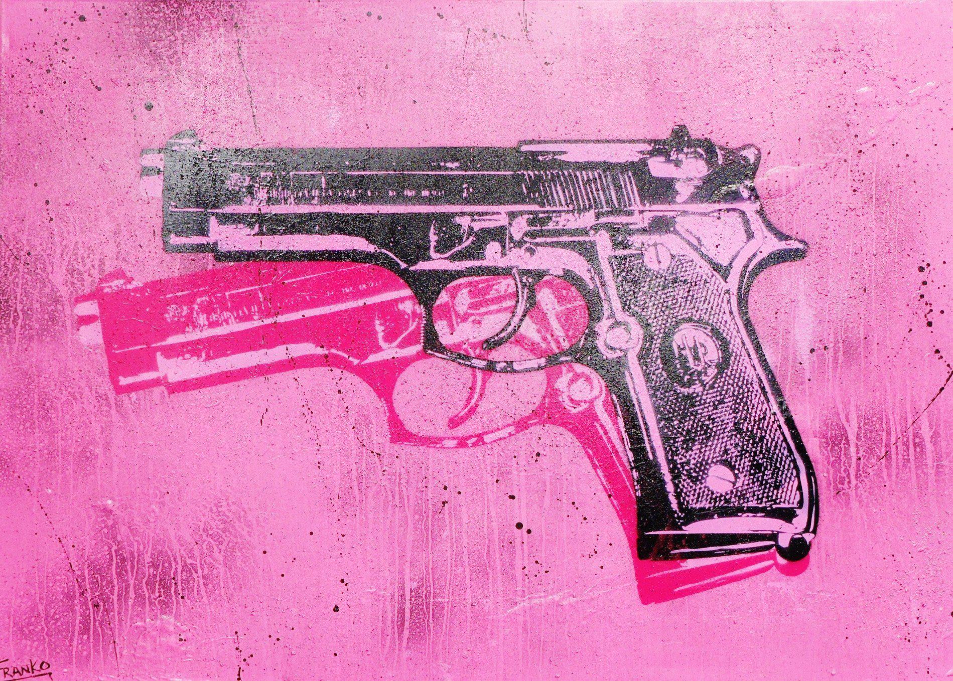 Bang Bang Warhol Two 140cm x 100cm Guns Pink Pop Art Painting (SOLD)-urban pop-[Franko_Artist]-[Australian_artist]-[Gold_Coast]-[Brisbane]-[modern]-[contemporary]-[original]-[Large_artwork]-Franklin Art Studio